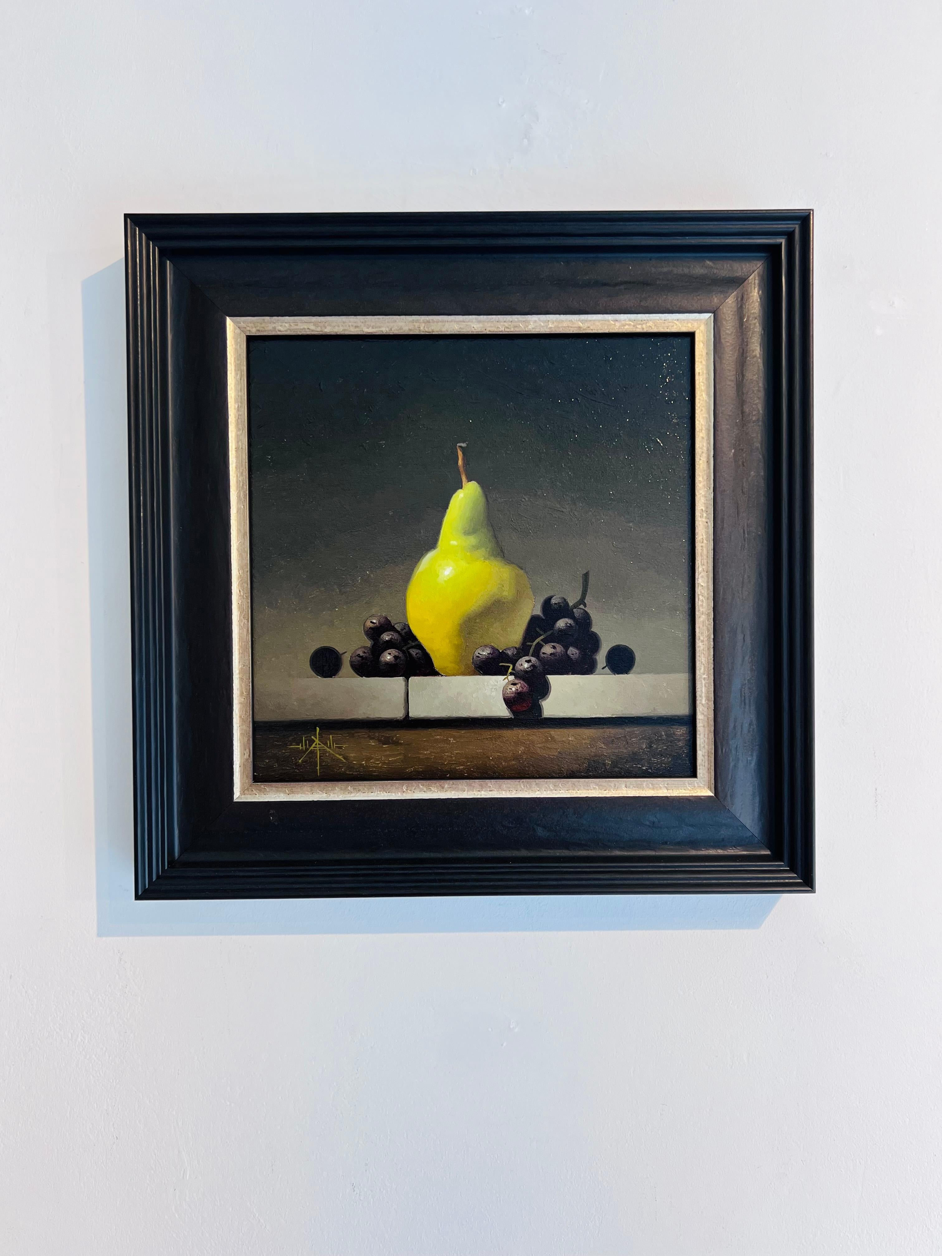 Bartlett verde y uvas negras- Original pintura realista de bodegón-arte moderno - Art Realista de Blair Atherholt