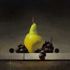 Bartlett verde y uvas negras- Original pintura realista de bodegón-arte moderno