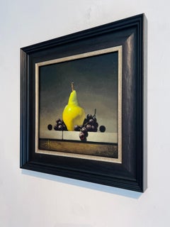 «Green Bartlett» y uvas negras, naturaleza muerta original, firmada, 25,5 cm