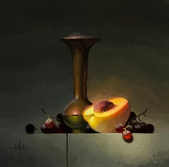 „Vase aus Pfirsich und Messing (2024) von Blair Atherholt, Original-Ölgemälde auf Tafel