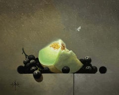"Pyramidenförmig" Original Öl, Honig-Tau-Melonenscheibe und Weintrauben, Still-Leben-Gemälde