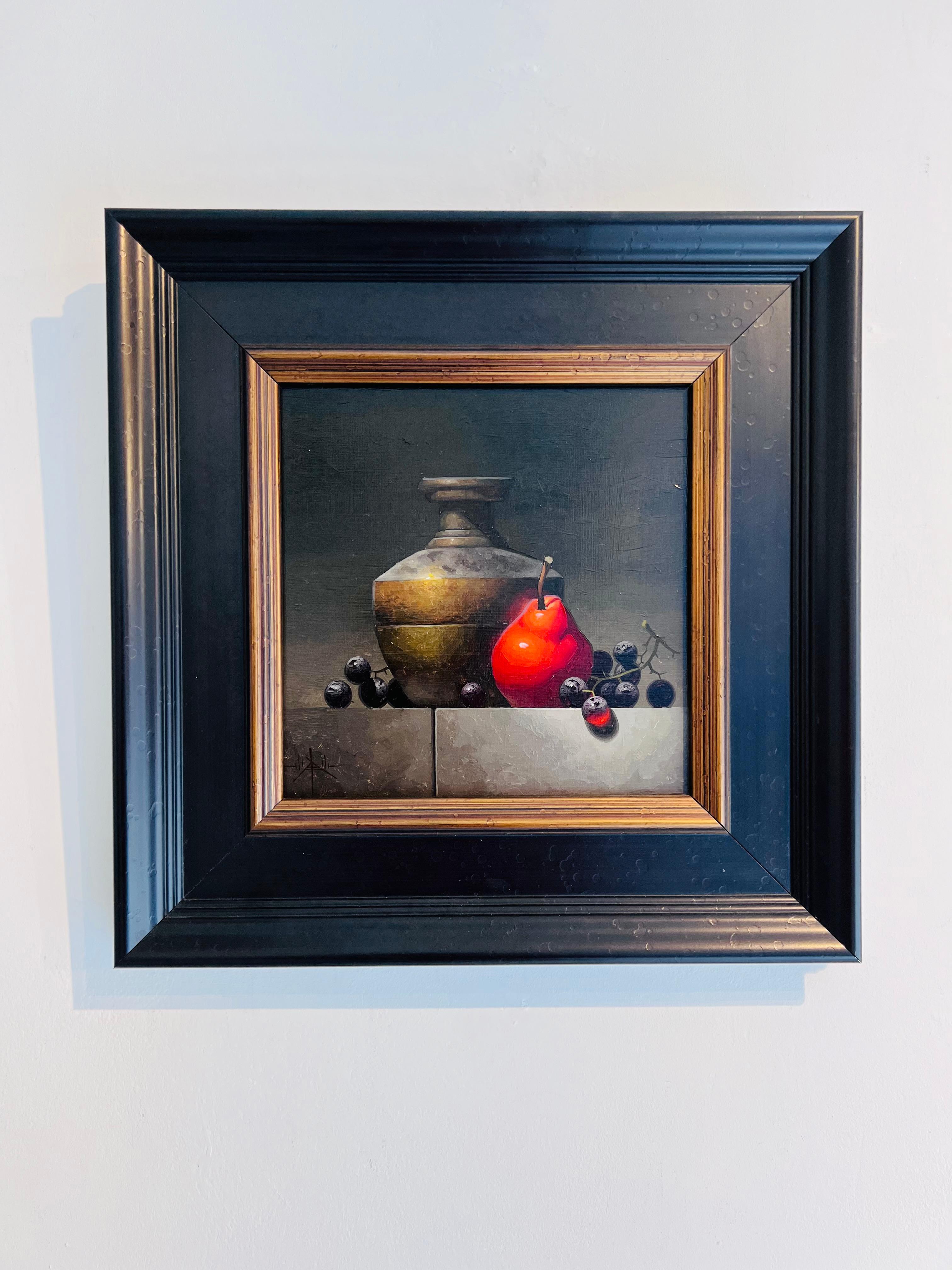 Red Anjou & Brass- Original realistic still-life painting- contemporary art - Painting by Blair Atherholt