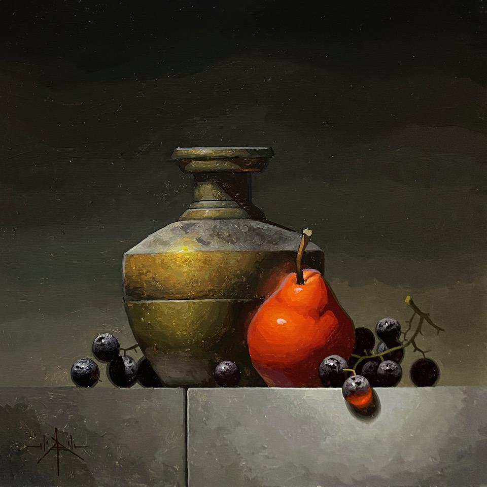 Red Anjou & Brass- Original realistic still-life painting- contemporary art