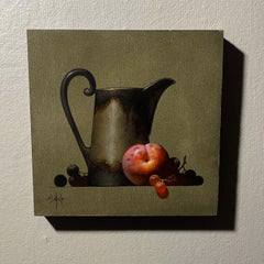 "Prugna rossa e brocca" Olio originale, teiera con prugna, uva, pittura still life