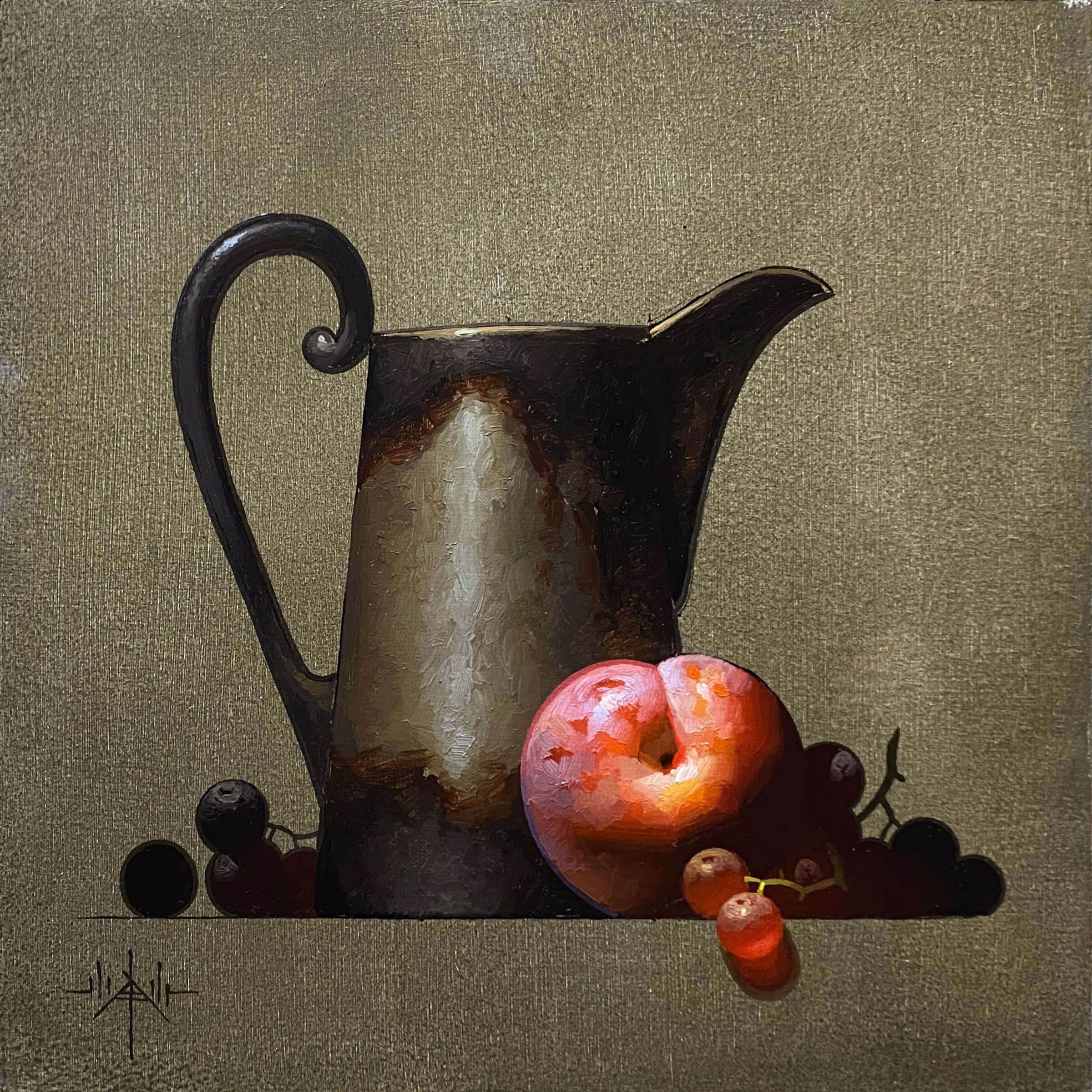 Blair Atherholt Figurative Painting - "Red Plum & Pitcher" Original Oil, Teapot with Plum, Grapes, Still-Life Painting