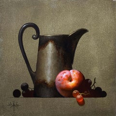 "Red Plum & Pitcher" Original Oil, Teapot with Plum, Grapes, Still-Life Painting