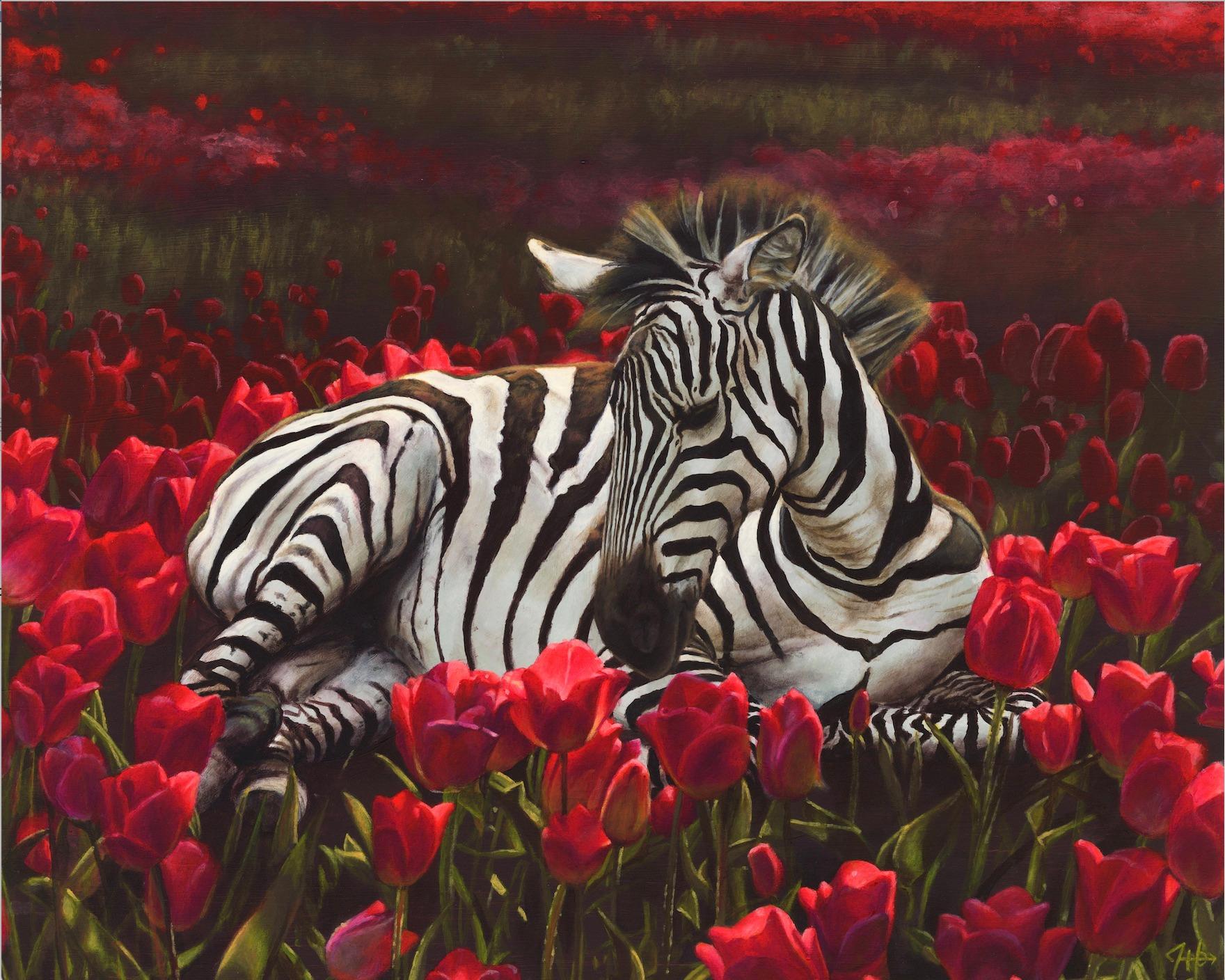  Zuflucht- Original surrealistische Blumenmalerei - Zeitgenössische Kunst