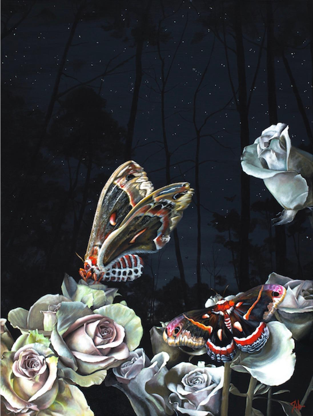 Some Night in Spring – Original surrealistisches Gemälde mit Blumenmotiven, moderne Kunst