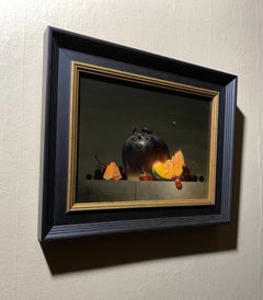 "Natura morta con melone" - Dipinto a olio in stile realista su tavola con telaio