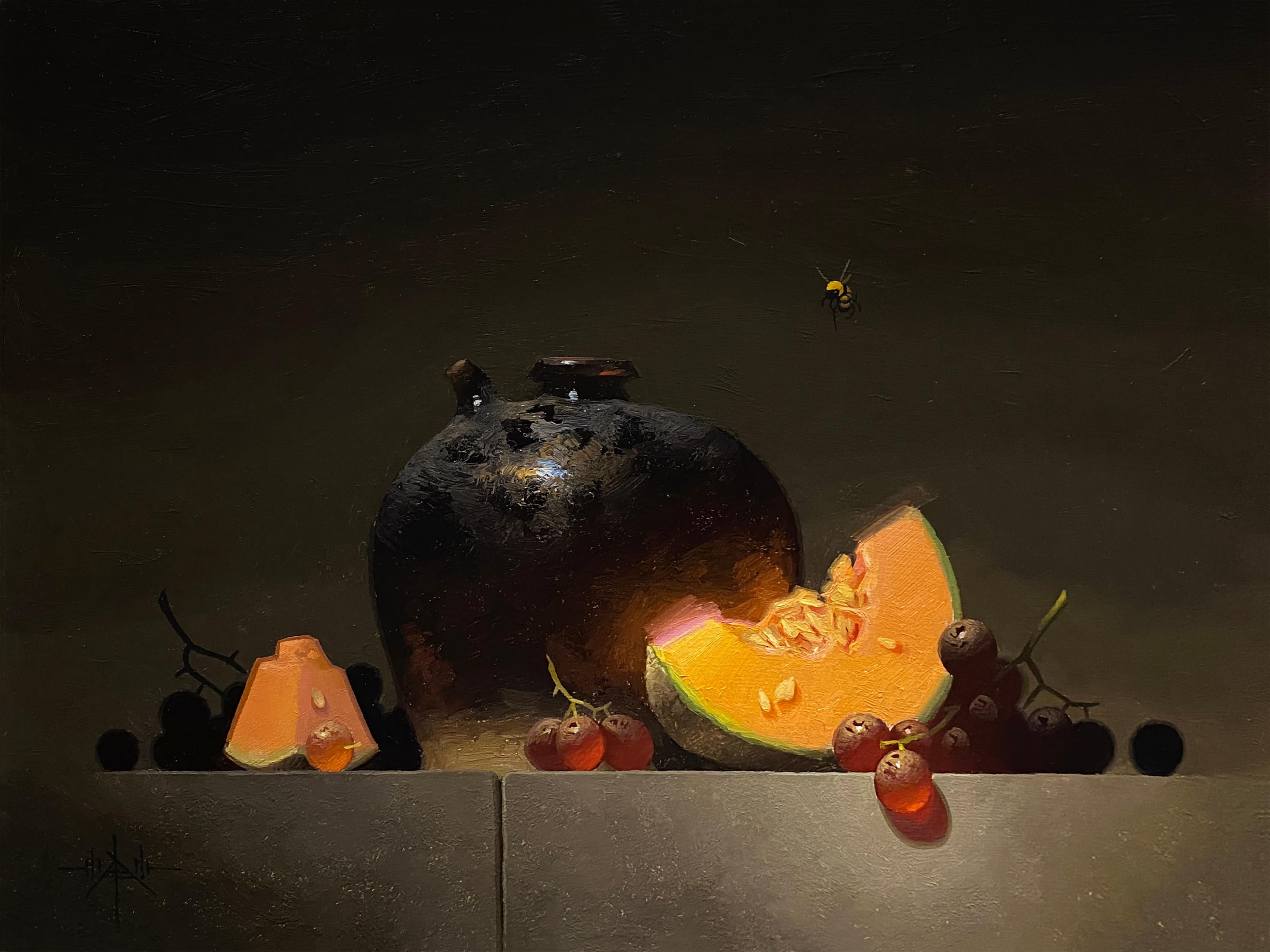 "Still Life with Cantaloupe" - Realist Oil Painting on Cradled Panel