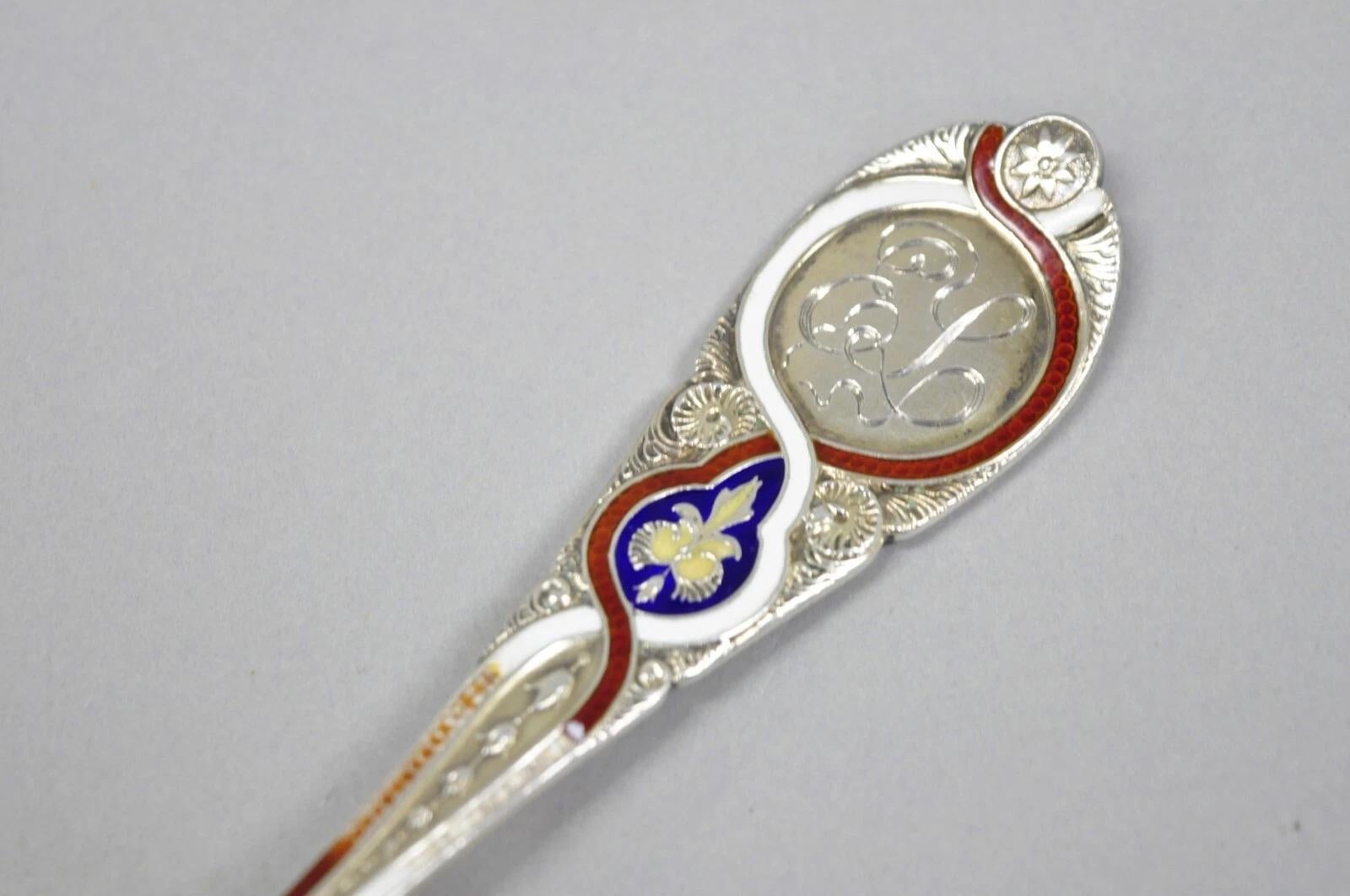 Antique Blair & Crawford Sterling Silver Souvenir Sugar Sifter Spoon w/ Red White & Blue Patriotic Enamel with Monogram to Handle from Philadelphia. Circa Early 20th Century. Measurements: 1.5