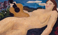 Early 20th Century British nude girl with a guitar, 1929 by Blair Hughes Stanton
