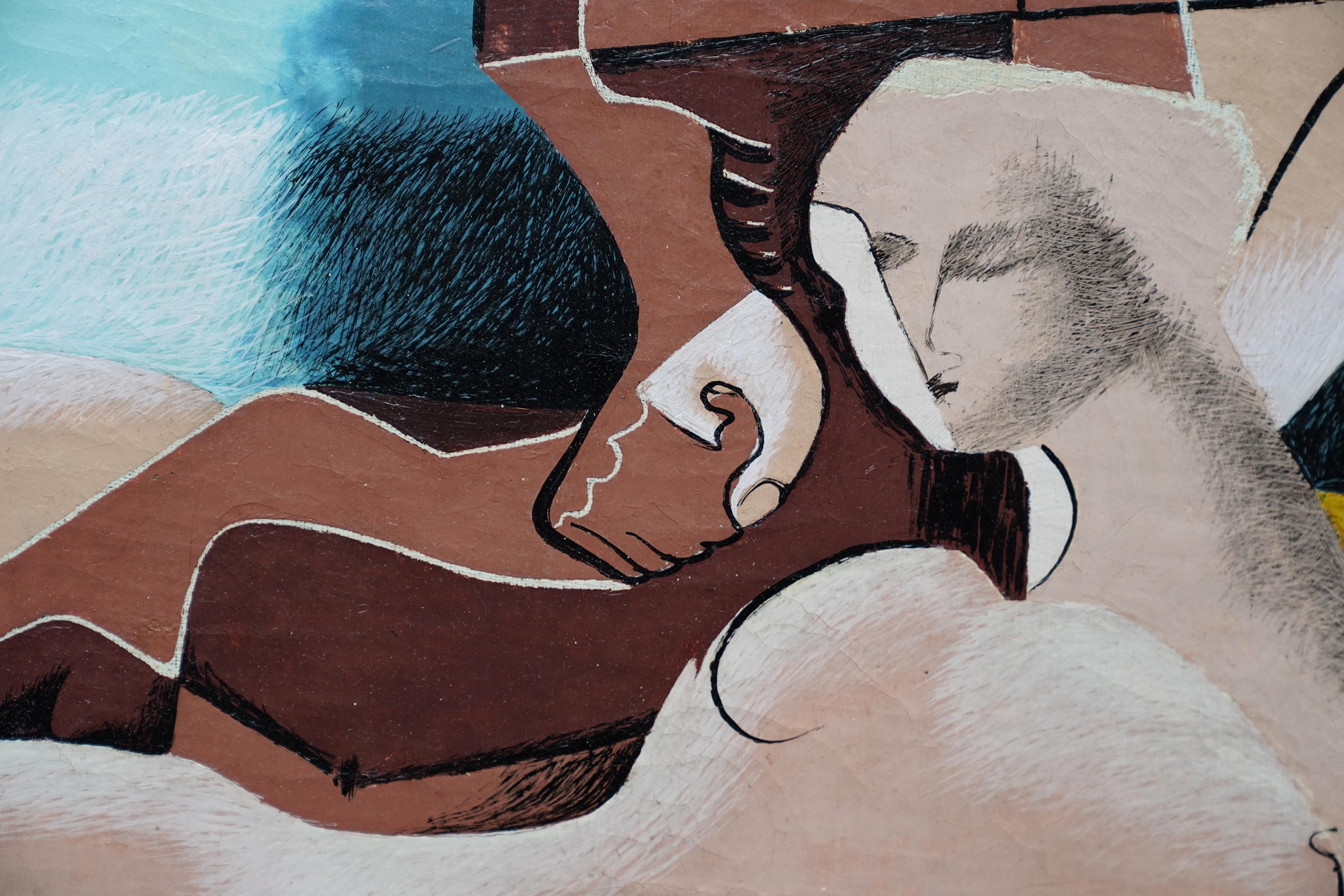 This superb British 1930's modern art tempera Surrealist painting is by noted interwar artist Blair Hughes-Stanton. Painted in 1939 it is entitled two Figures 1939 verso and may relate to Ida Graves, poet, novelist and associate of the Bloomsbury