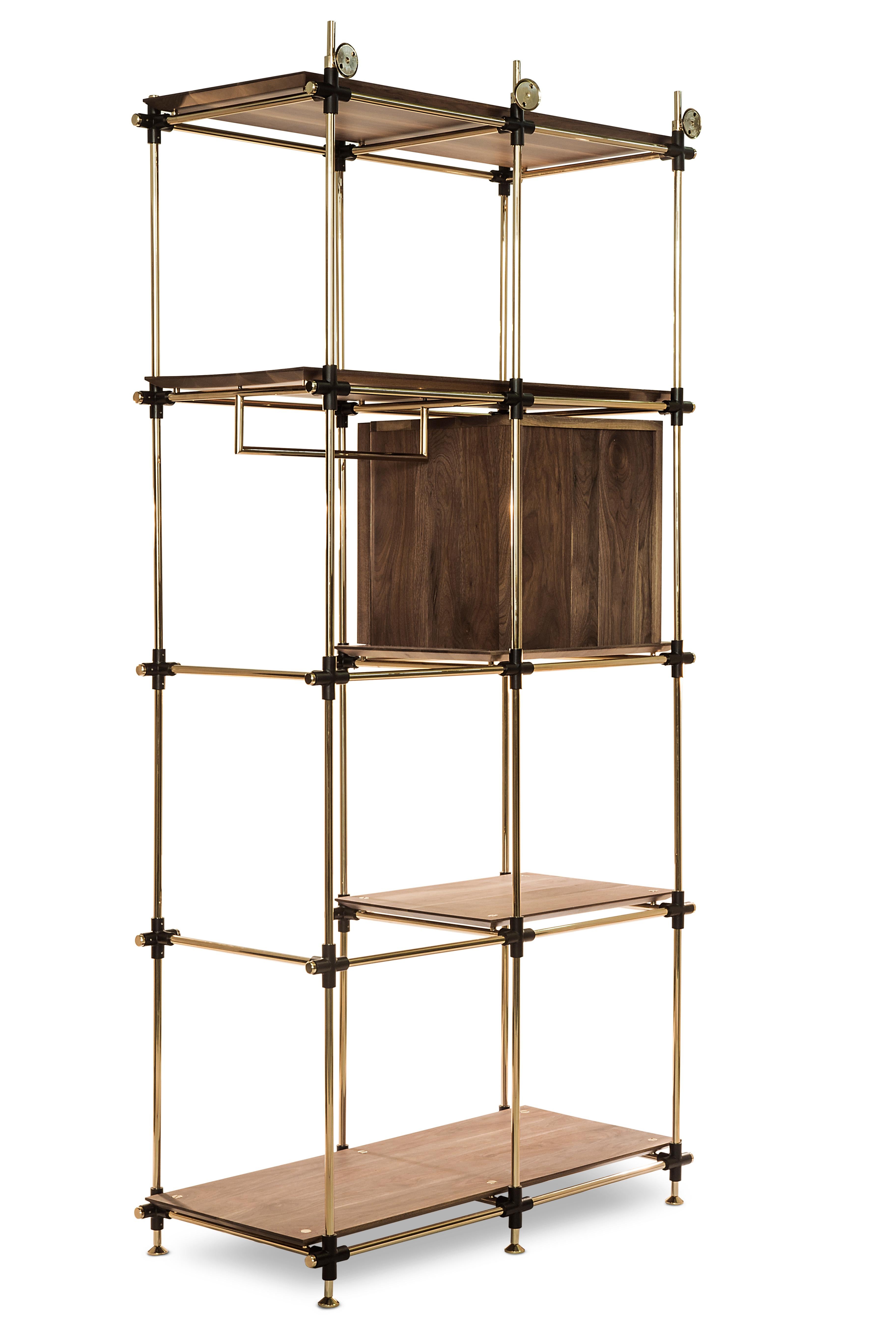 Mid-Century Modern Blake Modular Shelf in Brass and Wood For Sale