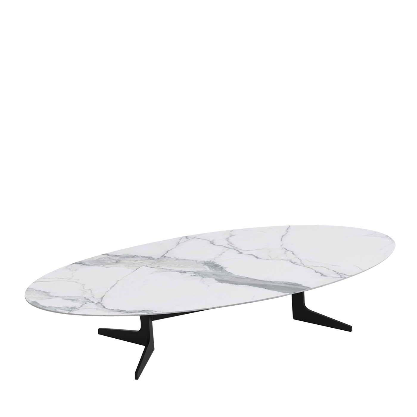 The stunning oval top of white Calacatta marble stands out as statement feature of this refined coffee table. Resting on sturdy metal legs with feet and a matte pewter finish (also available in black nickel or sanded bronze), this superb coffee