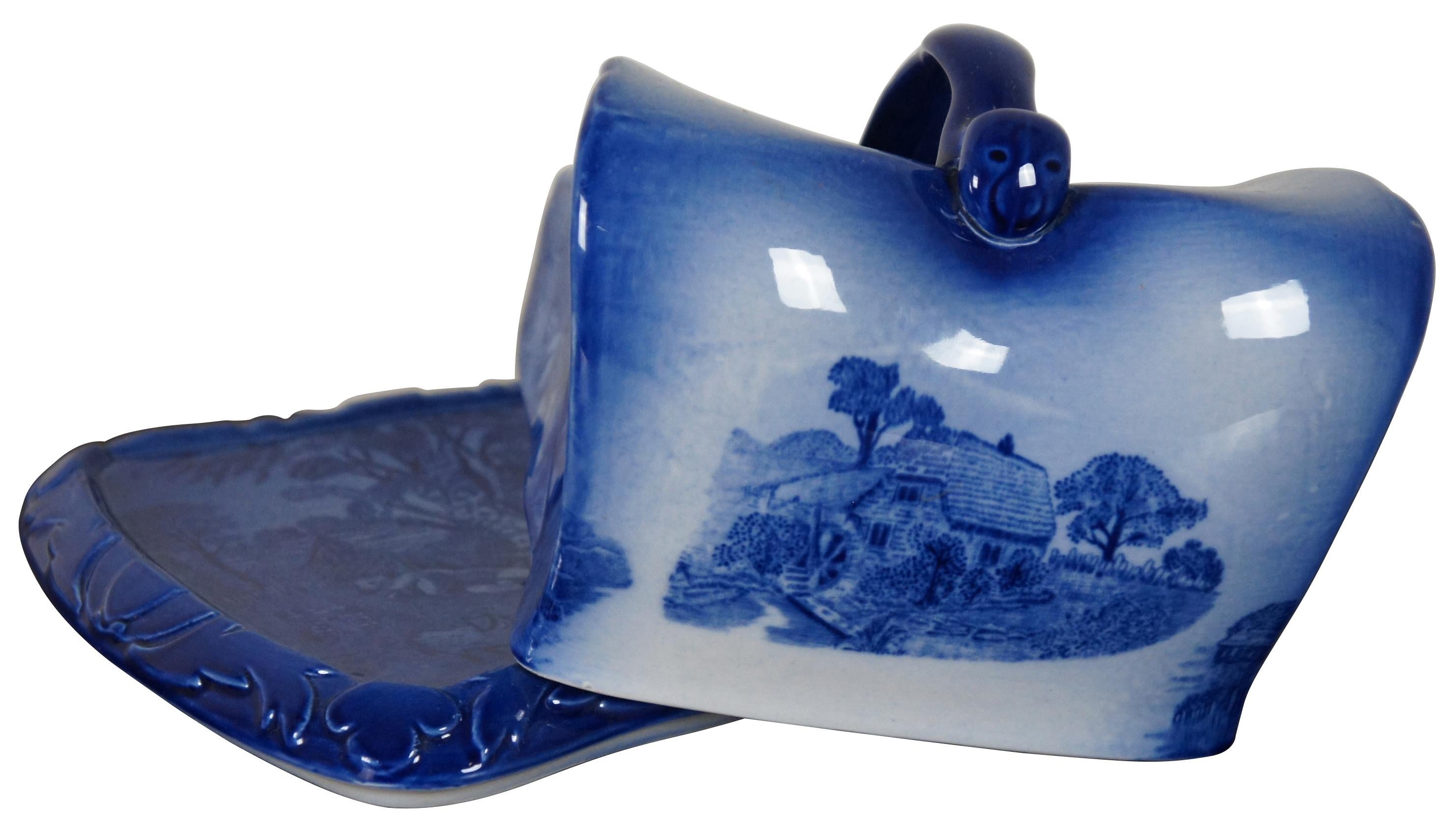 Country Blakeney Homestead Ironstone Flo Blue Porcelain Wedge Cheese Dish Plate Bell