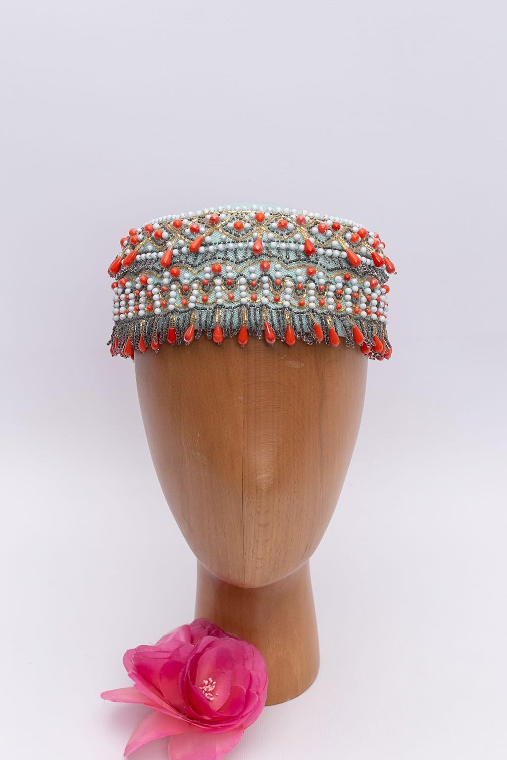 Blamain Hat in Sea Green Raw Silk Embroidered with Glass Beads For Sale 3