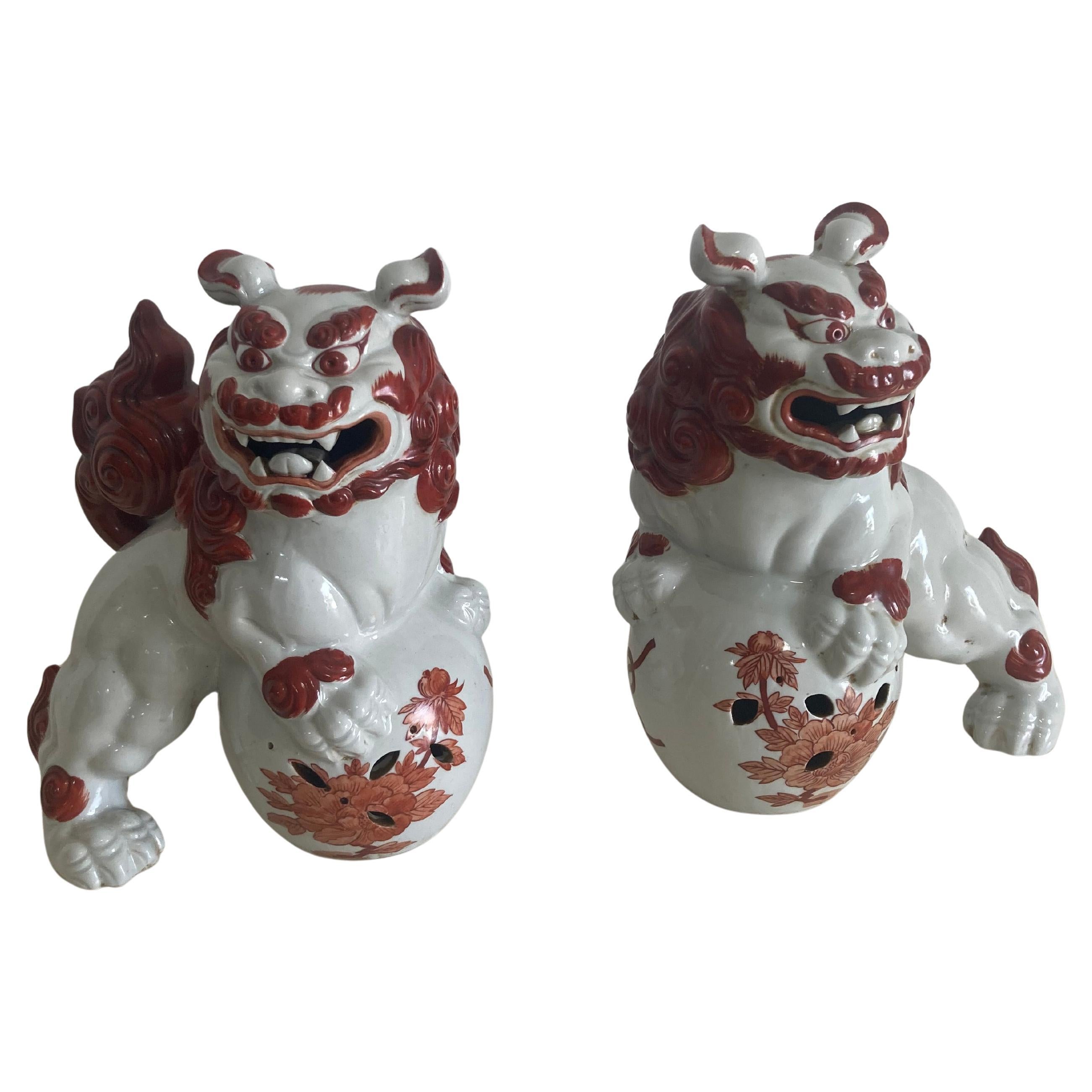 Blanc and Cinnamon Glazed Porcelain Foo Dogs - a Pair