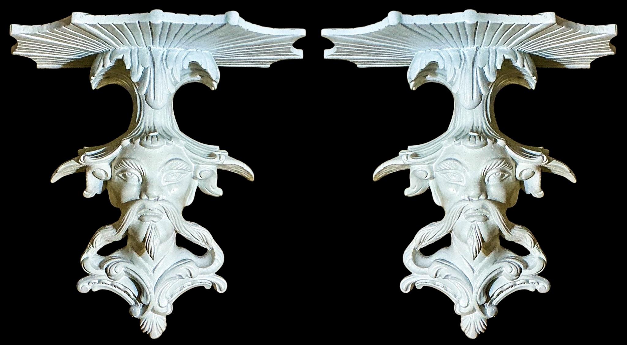 This is a pair of Blanc de Chines style ancestral form wall brackets. They are cast plaster and most likely date to the 1970s. They are in very good condition.