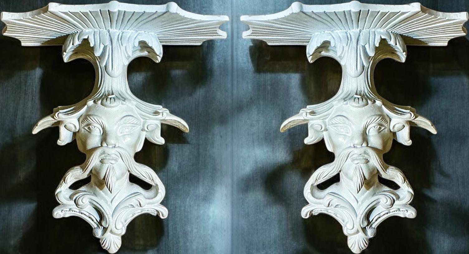 Plaster Blanc de Chine Chinese Export Style Chinoiserie Ancestral Wall Brackets - Pair