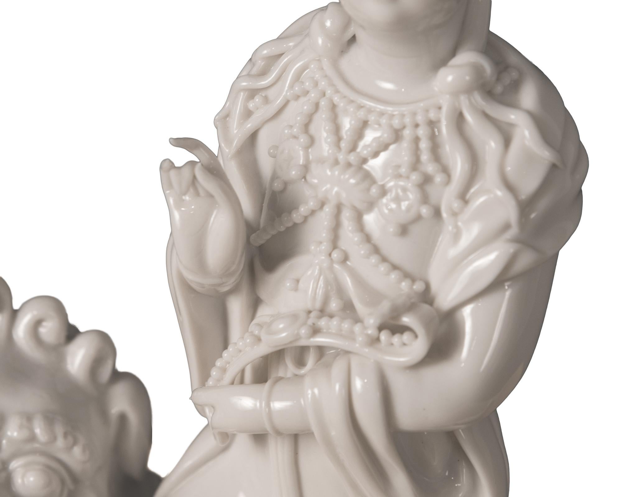 Blanc de Chine 'Dehua' Porcelain Figural Group of Quan Yin on Foo Dog or Temple In Good Condition In Salt Lake City, UT