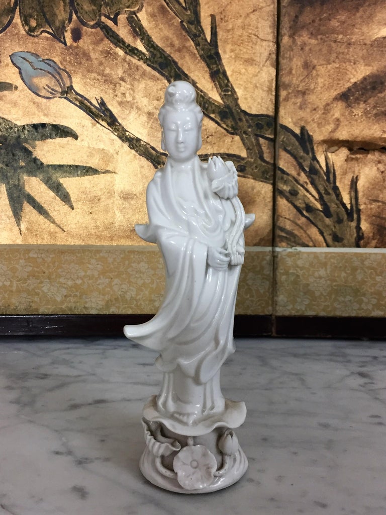 "Blanc de Chine" Guanyin with Lotus Flower Porcelain, circa 1900 For