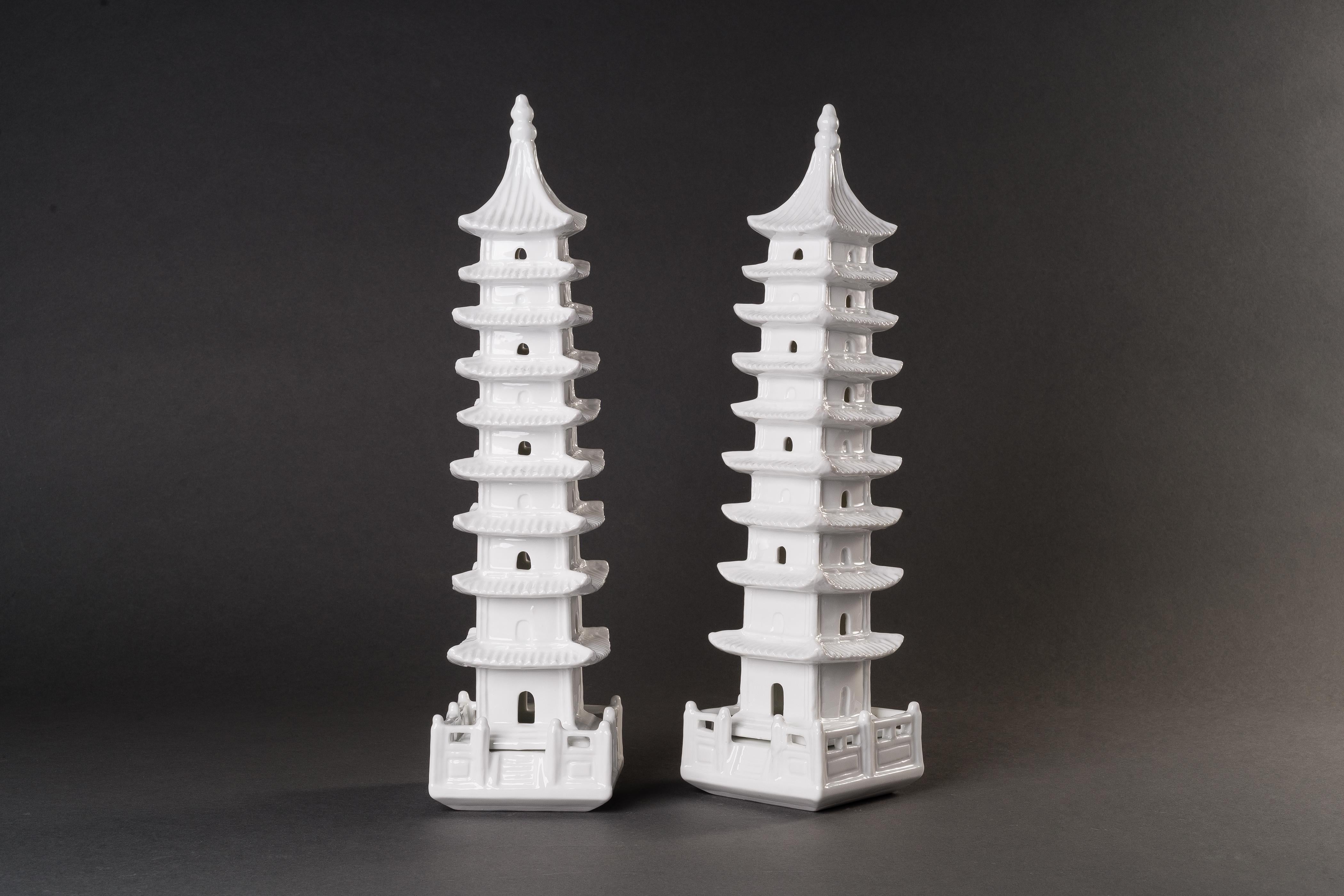 Hand-Crafted Blanc de Chine Pagodas, Chinoiserie White Porcelain Object of Art, Pair