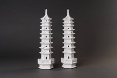 Blanc de Chine Pagodas, Chinoiserie White Porcelain Object of Art, Set of Six