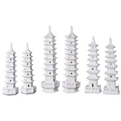 Blanc De Chine Pagodas, Chinoiserie White Porcelain Object of Art, Set of Six