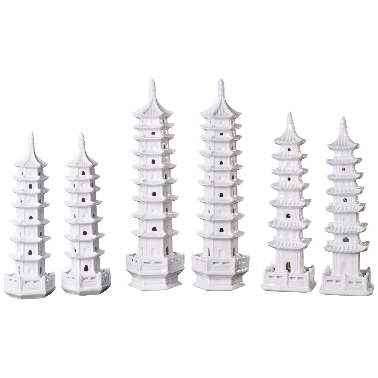 Blanc De Chine Pagodas, Chinoiserie White Porcelain Object of Art, Set of Six