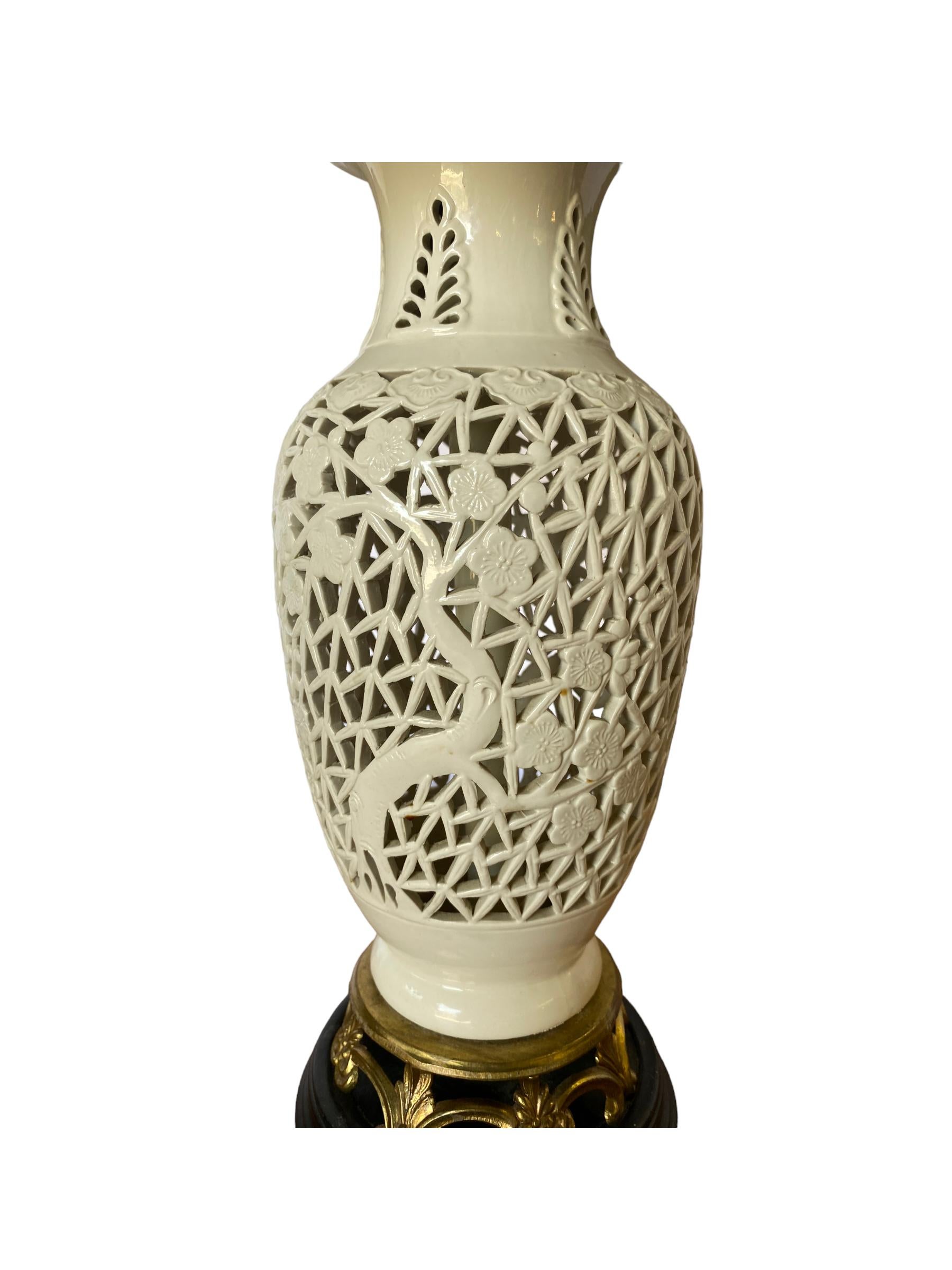 Glazed Blanc De Chine Pierced Porcelain Table Lamp with Floral Motif