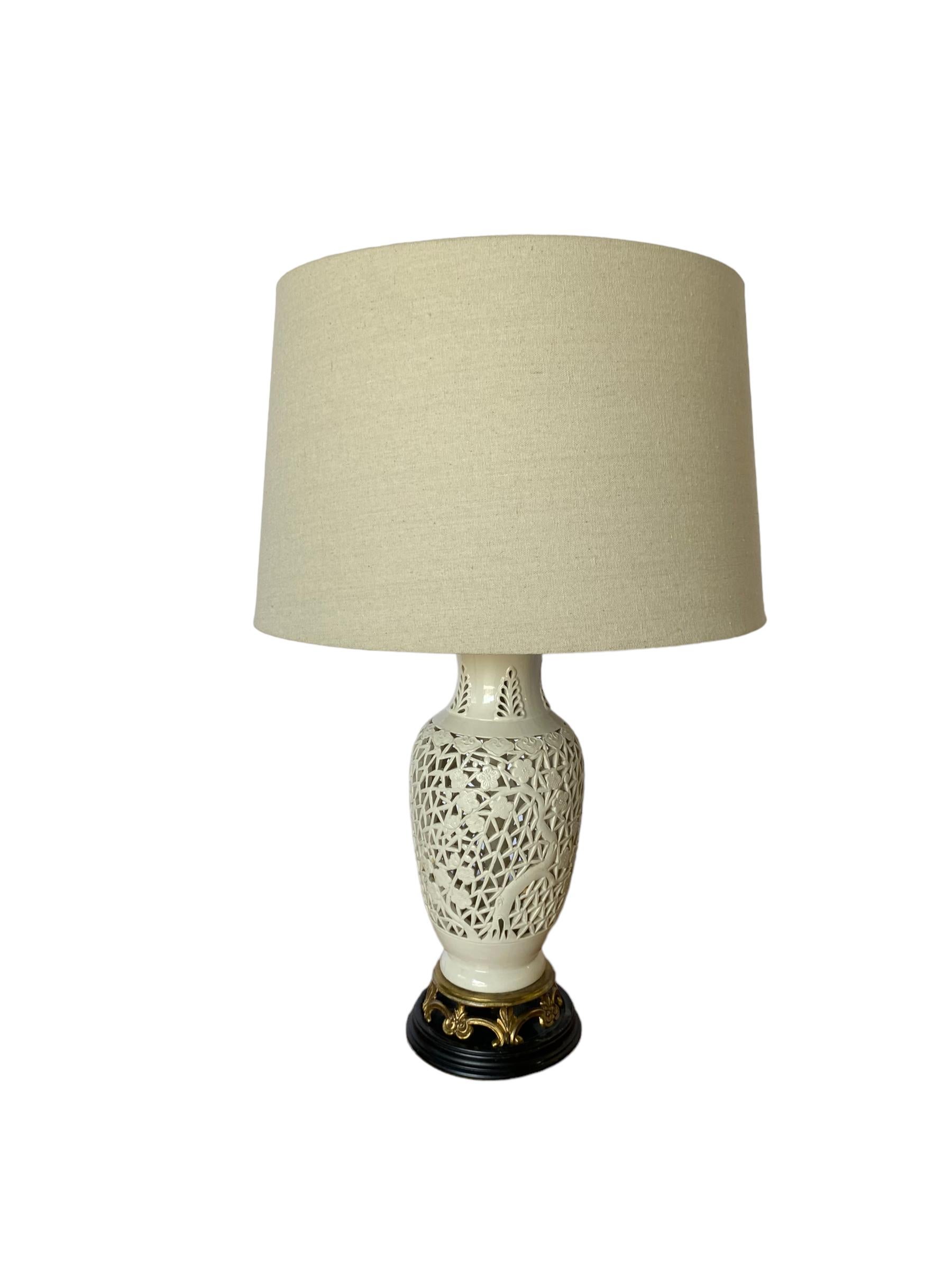 20th Century Blanc De Chine Pierced Porcelain Table Lamp with Floral Motif