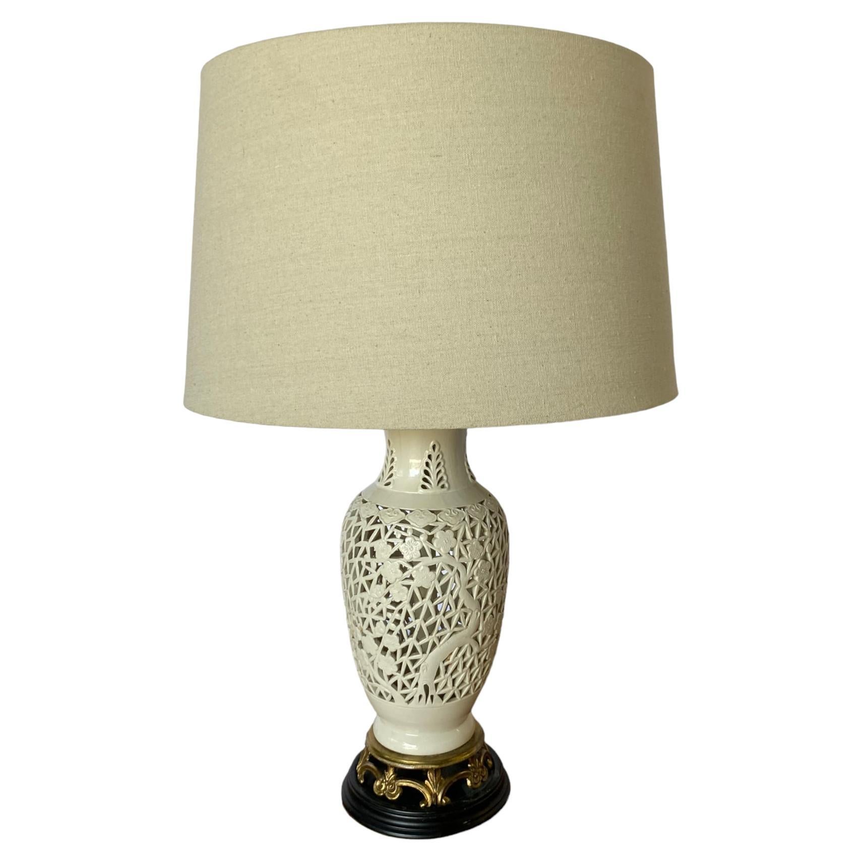 Blanc De Chine Pierced Porcelain Table Lamp with Floral Motif