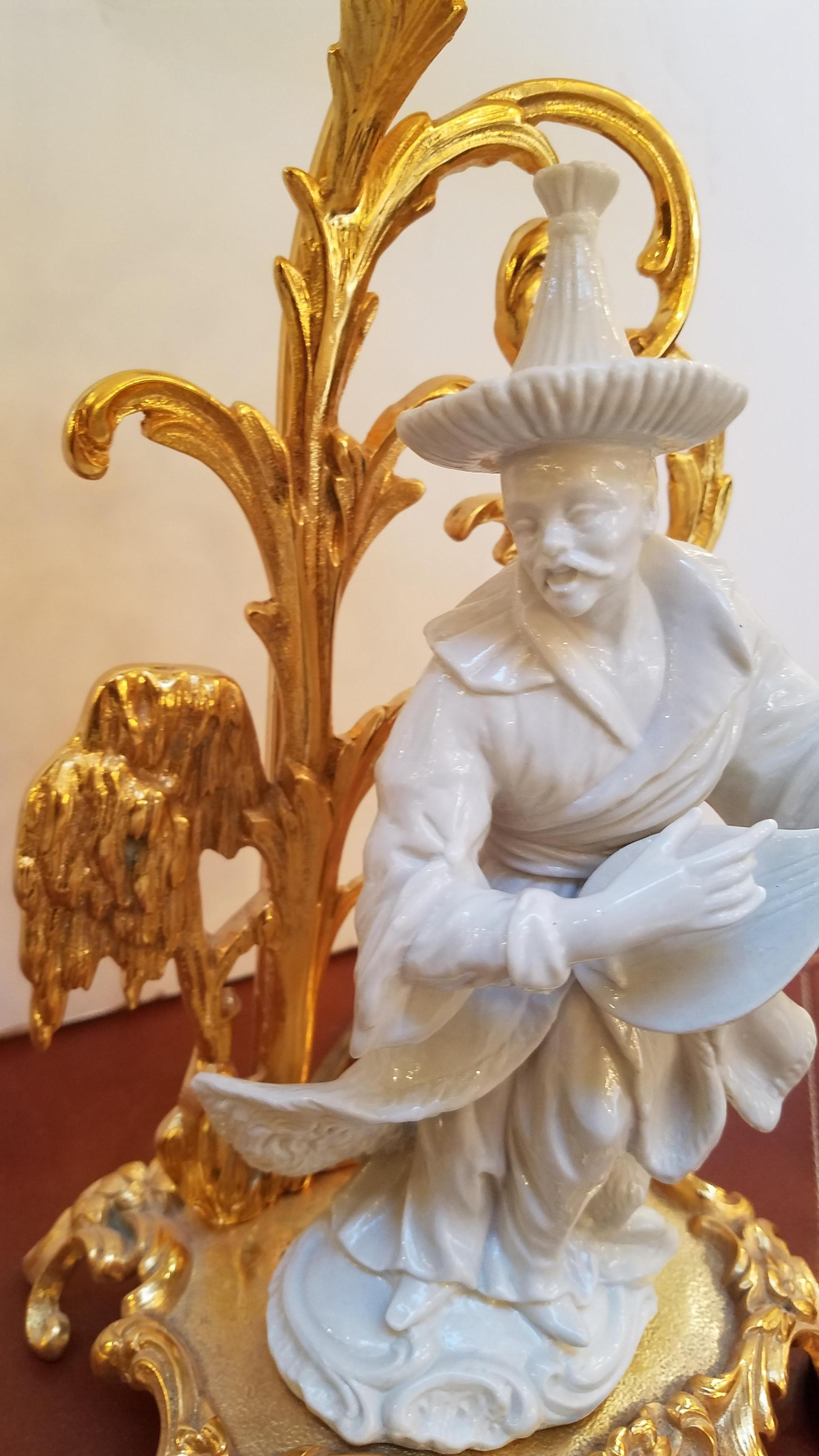 Wonderful and whimsical chinoiserie Blanc de chine porcelain figure of a musician mounted on 22-karat gold-plated Rococo style base and surround with a beautiful custom silk pagoda shade.