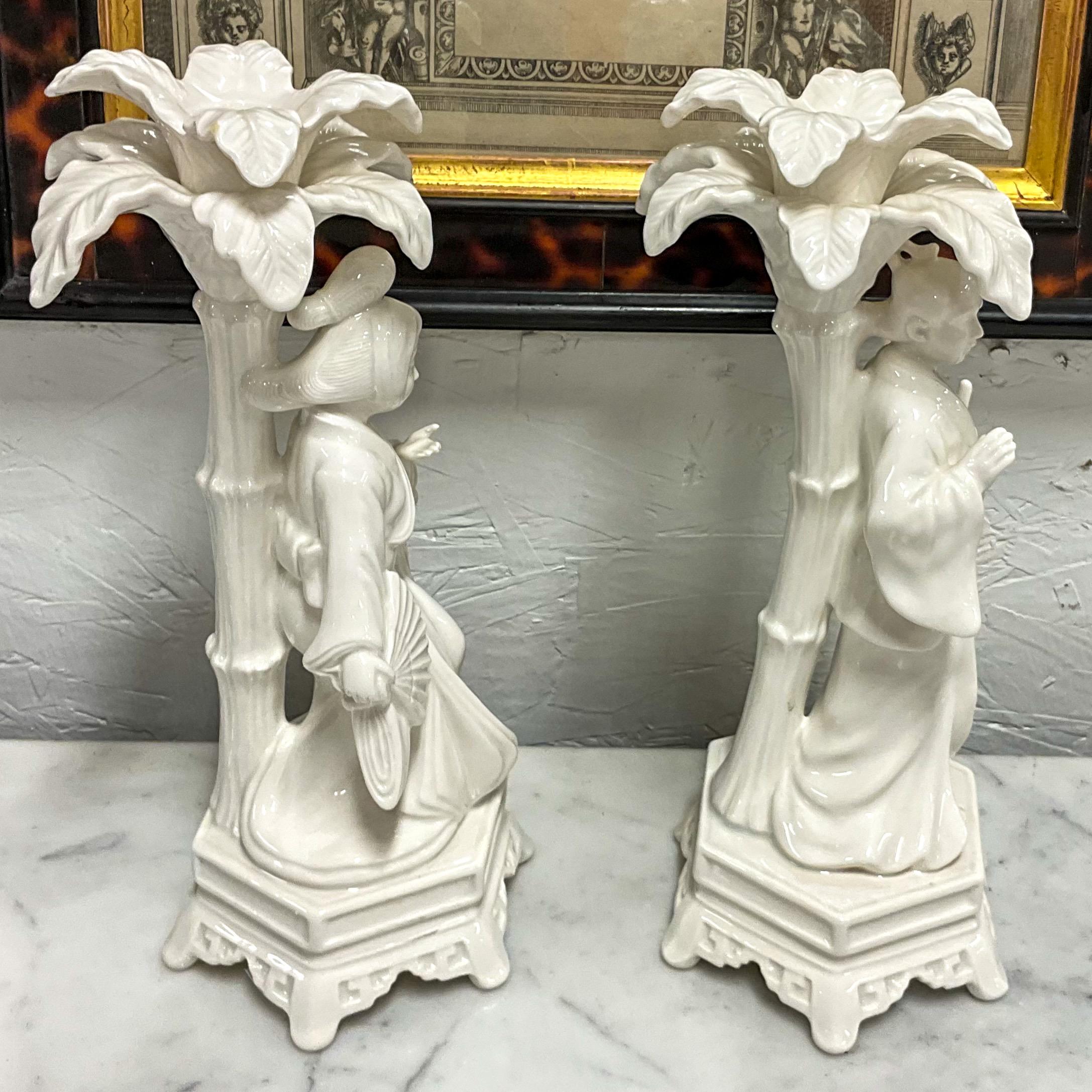 Blanc De Chine Regency Style Chinoiserie Candlesticks by Fitz & Floyd - S/2 In Good Condition In Kennesaw, GA