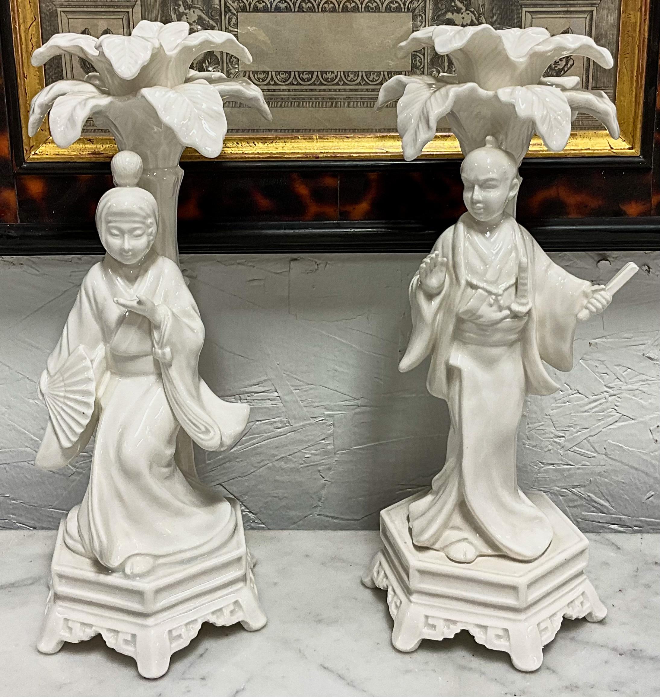 20th Century Blanc De Chine Regency Style Chinoiserie Candlesticks by Fitz & Floyd - S/2