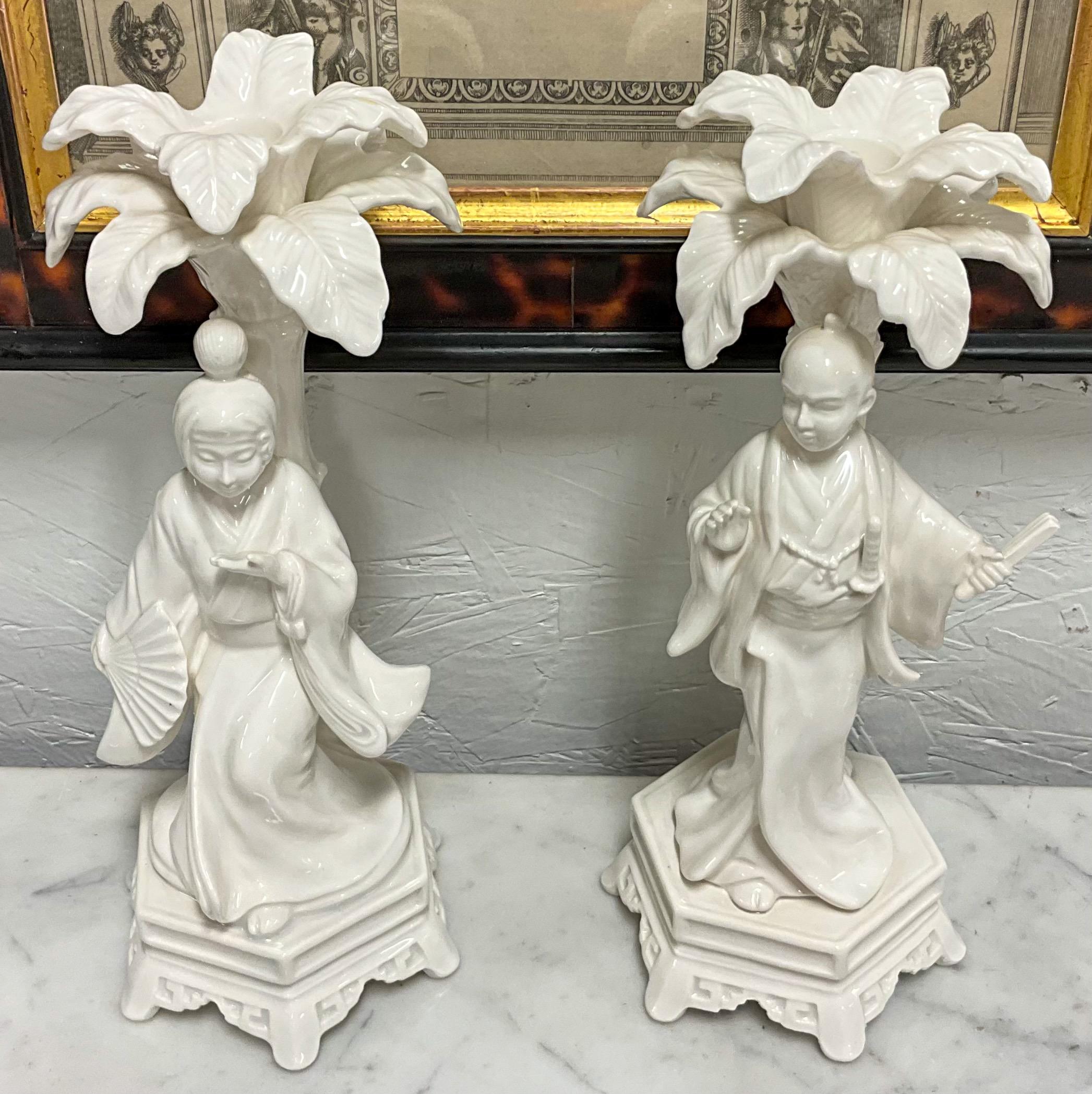 Porcelain Blanc De Chine Regency Style Chinoiserie Candlesticks by Fitz & Floyd - S/2