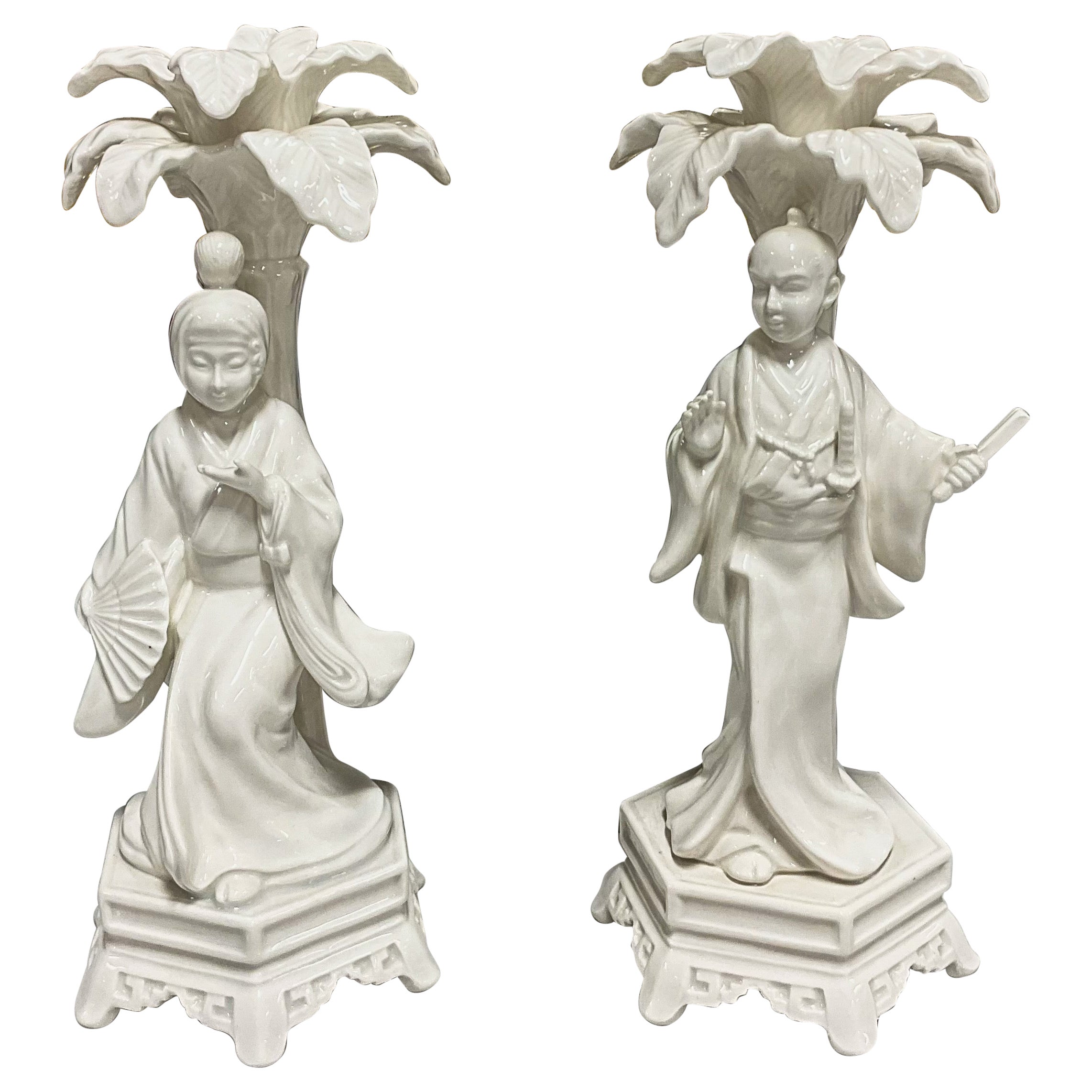Blanc De Chine Regency Style Chinoiserie Candlesticks by Fitz & Floyd - S/2