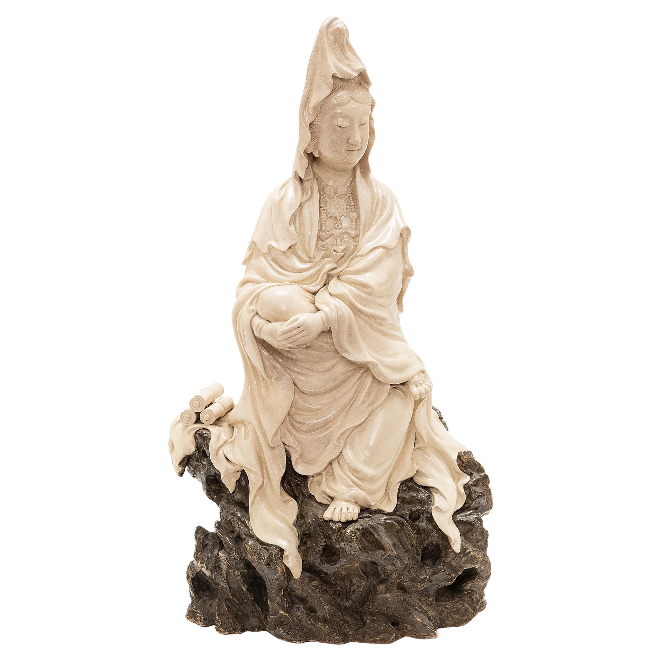 Blanc de Chine Seated Guanyin Sculpture, c. 1900 For Sale