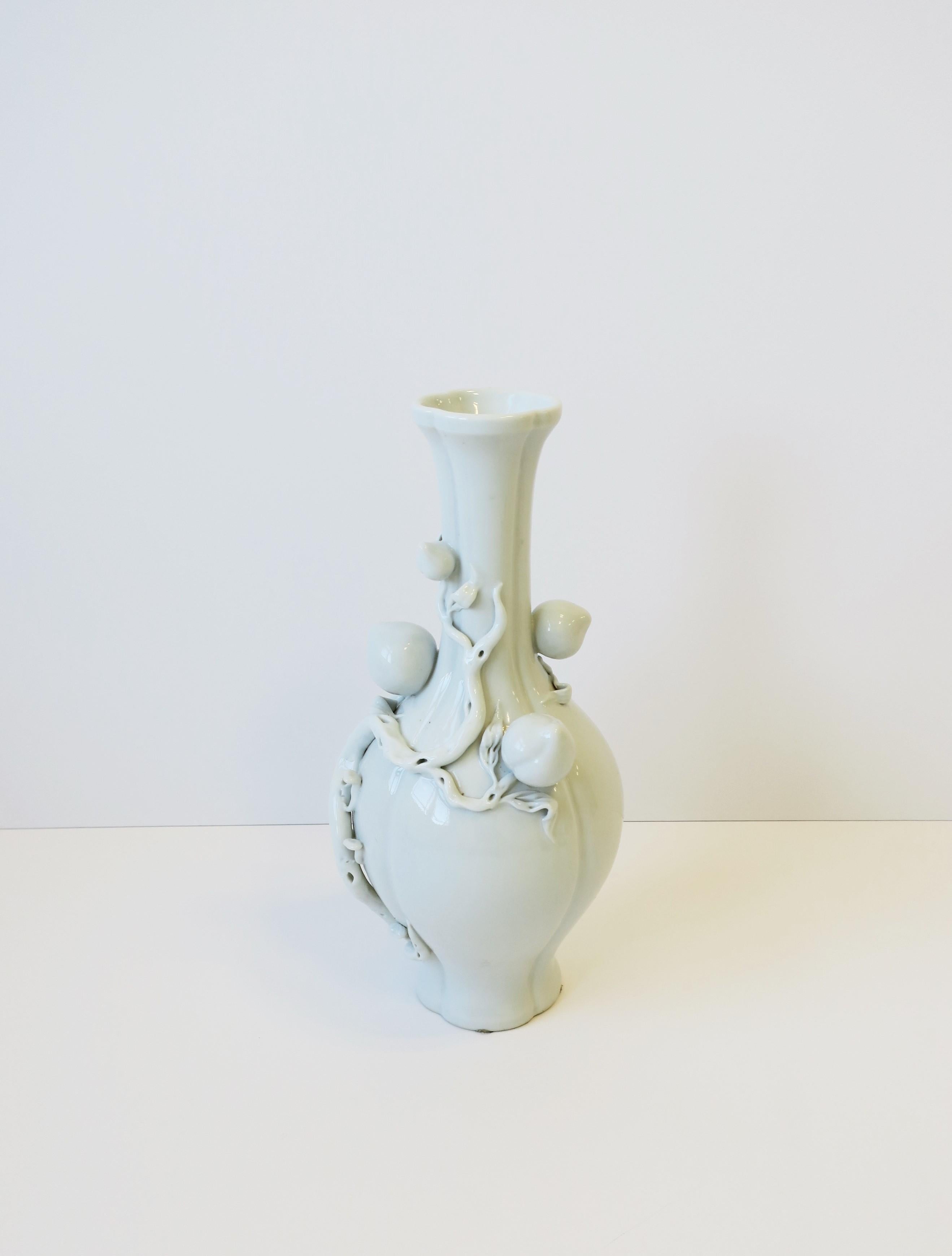 Ceramic White Blanc de Chine Porcelain Vase with Fruit, Leaves and Vines For Sale
