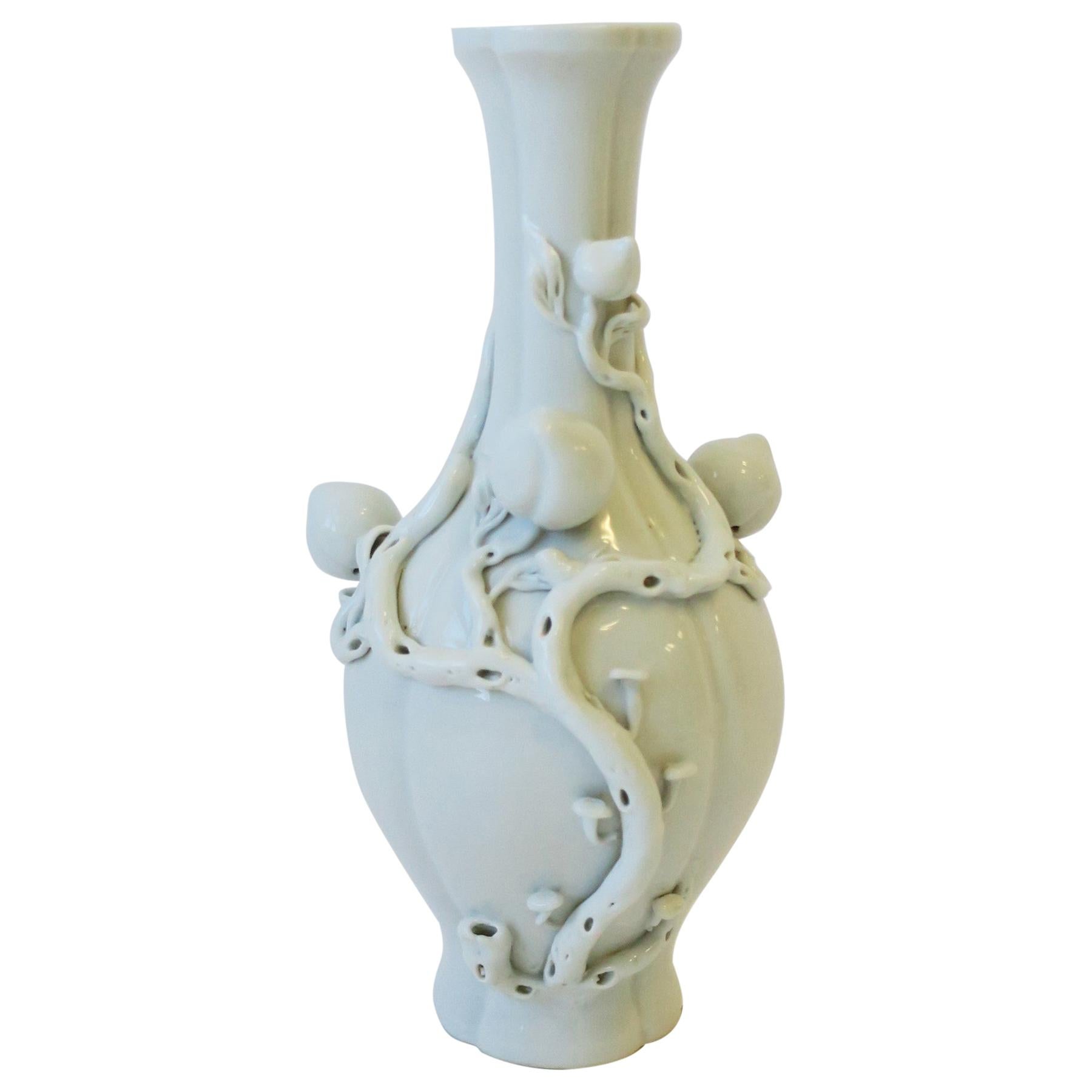 White Blanc de Chine Porcelain Vase with Fruit, Leaves and Vines For Sale