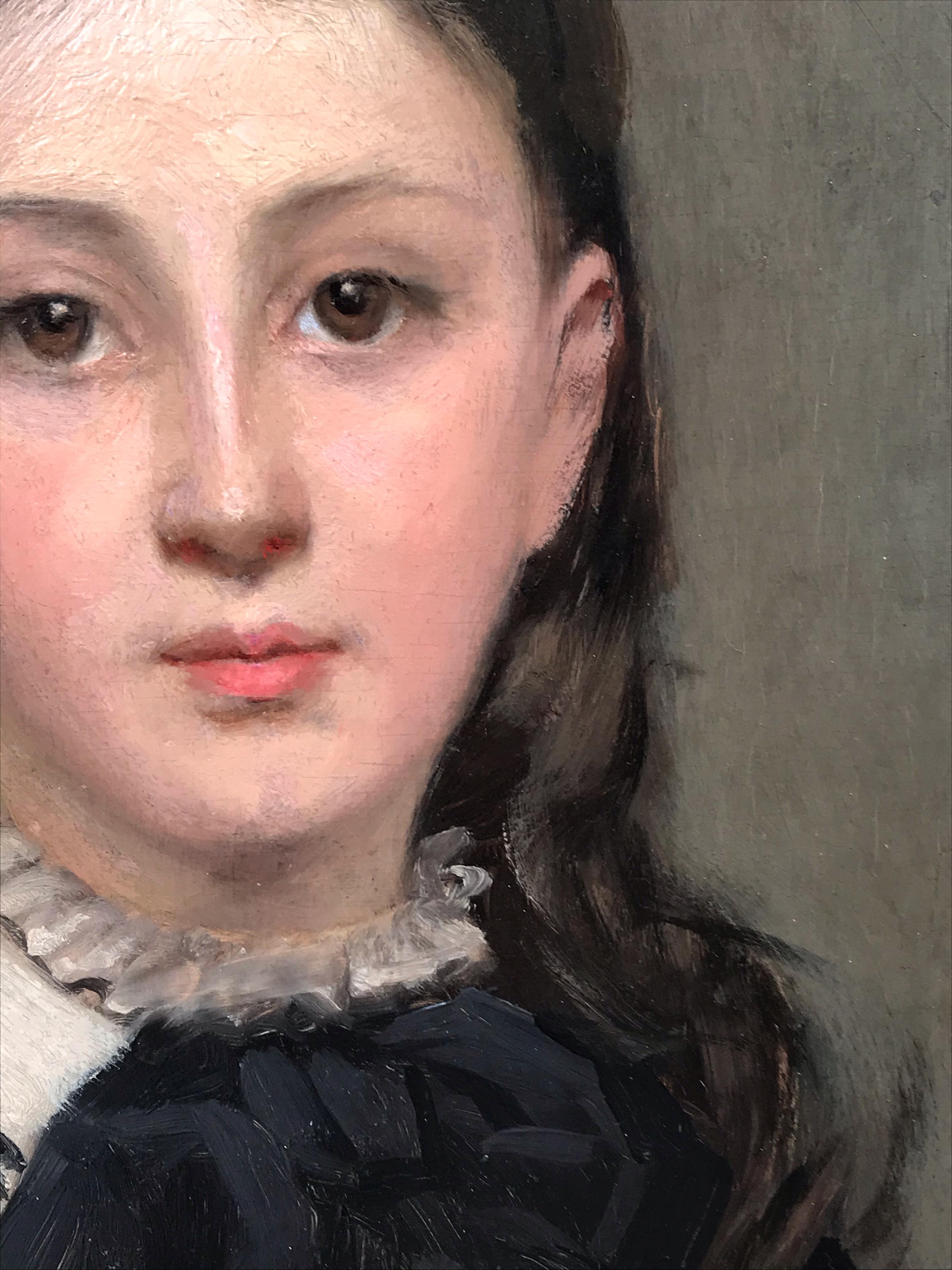 Peinture du XIXe siècle - Portrait d'une jeune femme - Marron Portrait Painting par BLANC-GARIN Ernest
