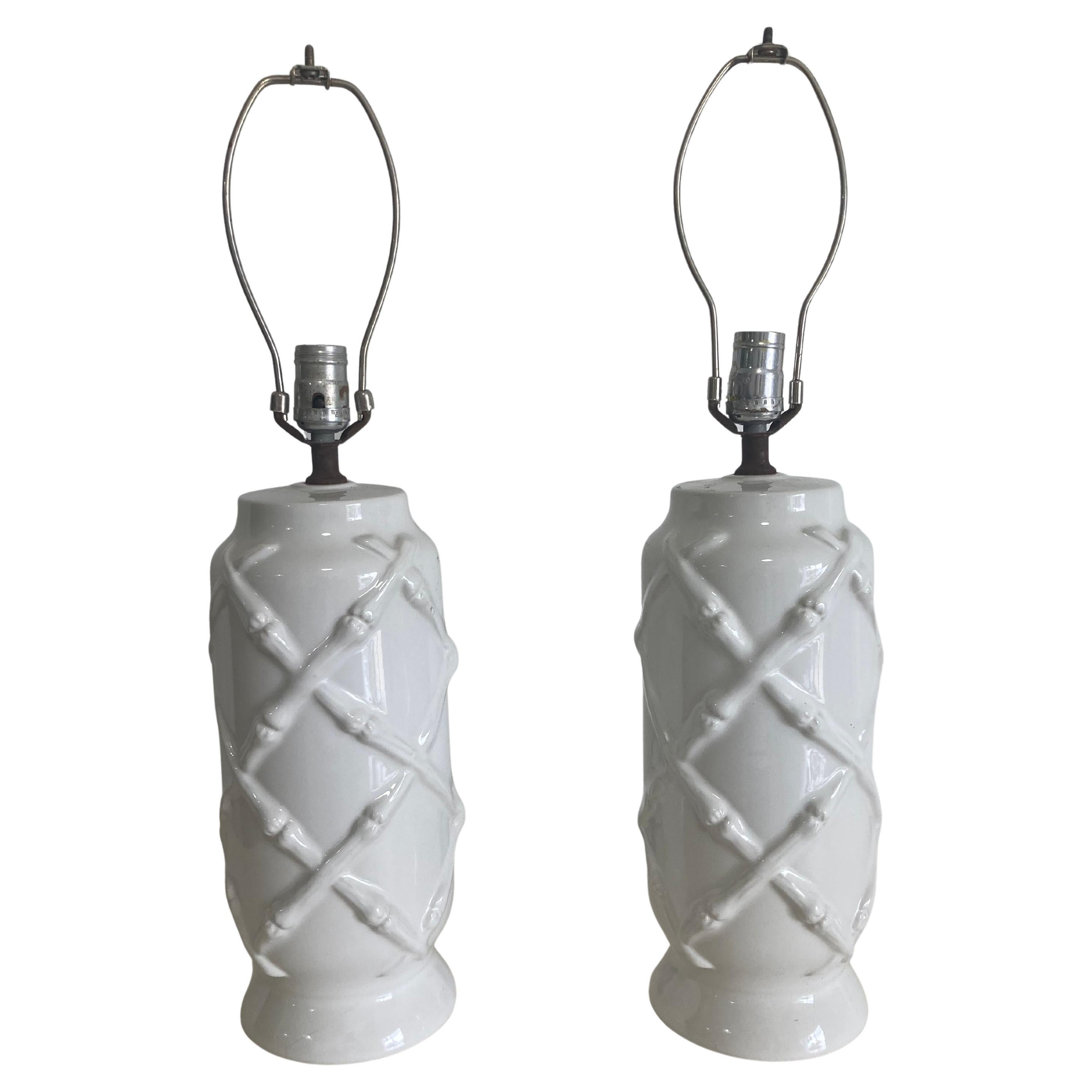 Blanc Porcelain Lattice Pattern Table Lamps - a Pair For Sale