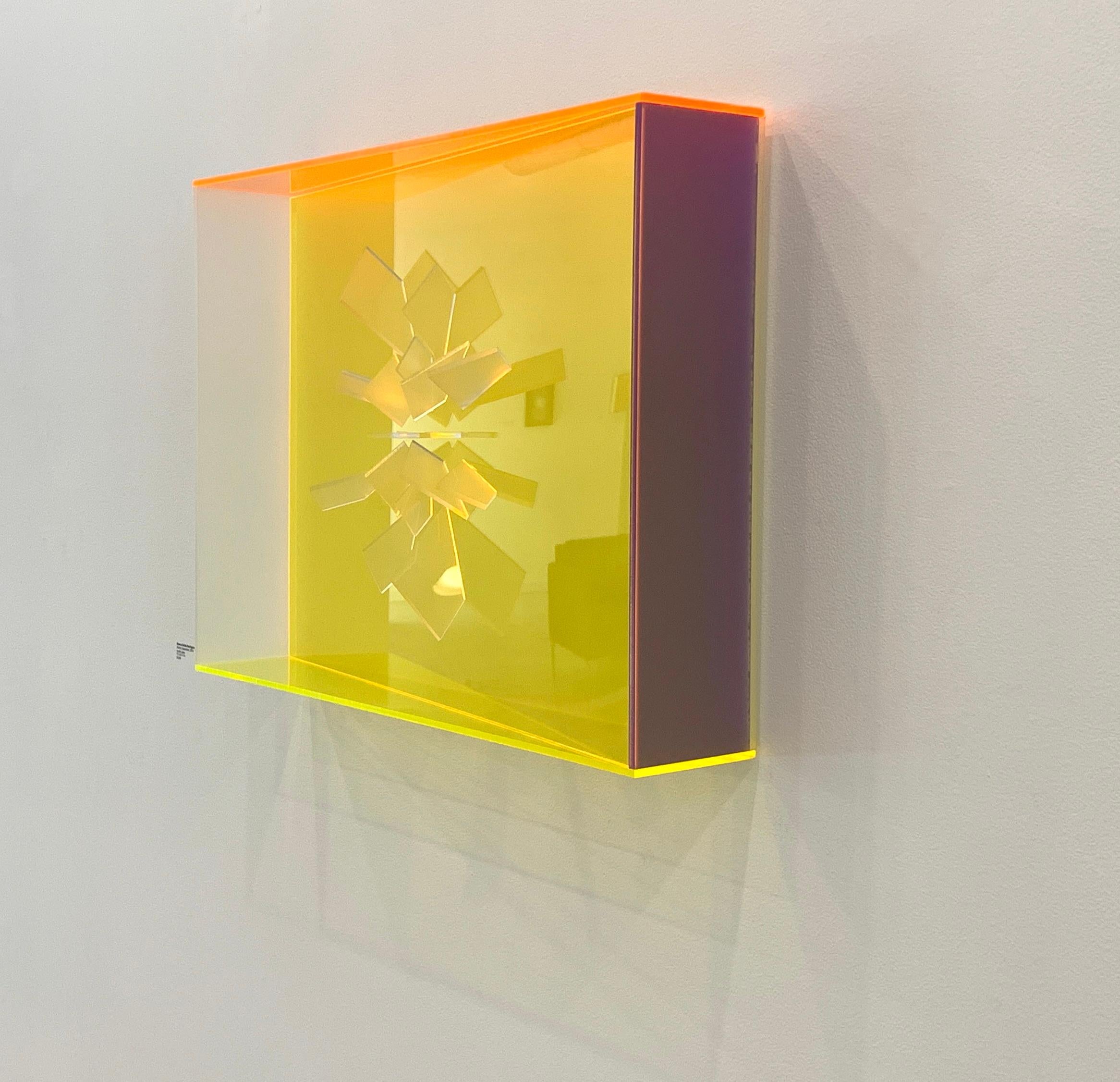 This work glows; light seems to emanate from it even though there is no electricity powering the sculpture. It is the combination of angles and colors in Rodríguez's acrylic glass that creates this mesmerizing effect. Her works offer limitless