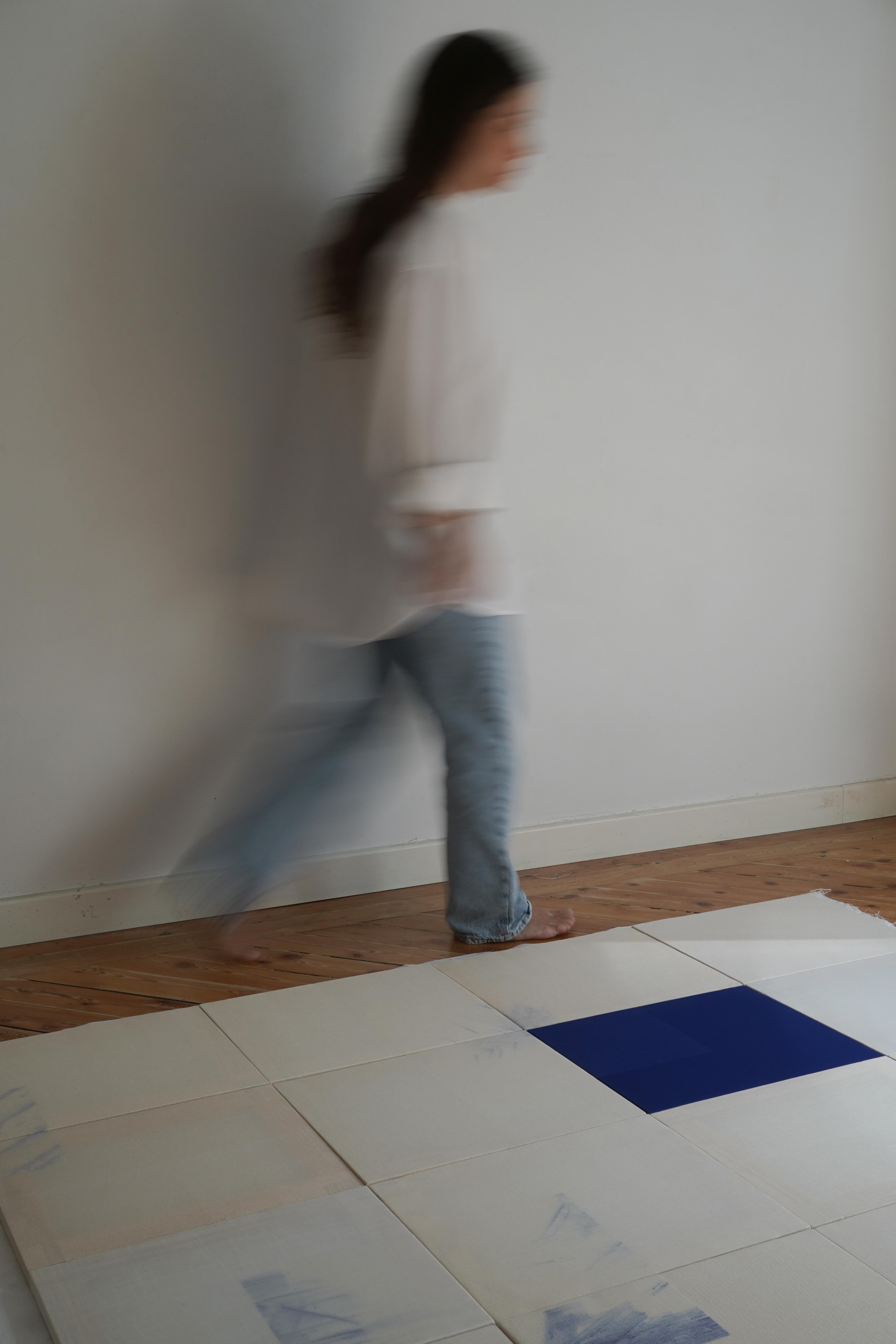 Minimal Geometric Abstract Composition in Blue and Neutrals by Blanca Nieto For Sale 9