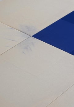 Minimale geometrische abstrakte Komposition in Blau und Neutraltönen von Blanca Nieto