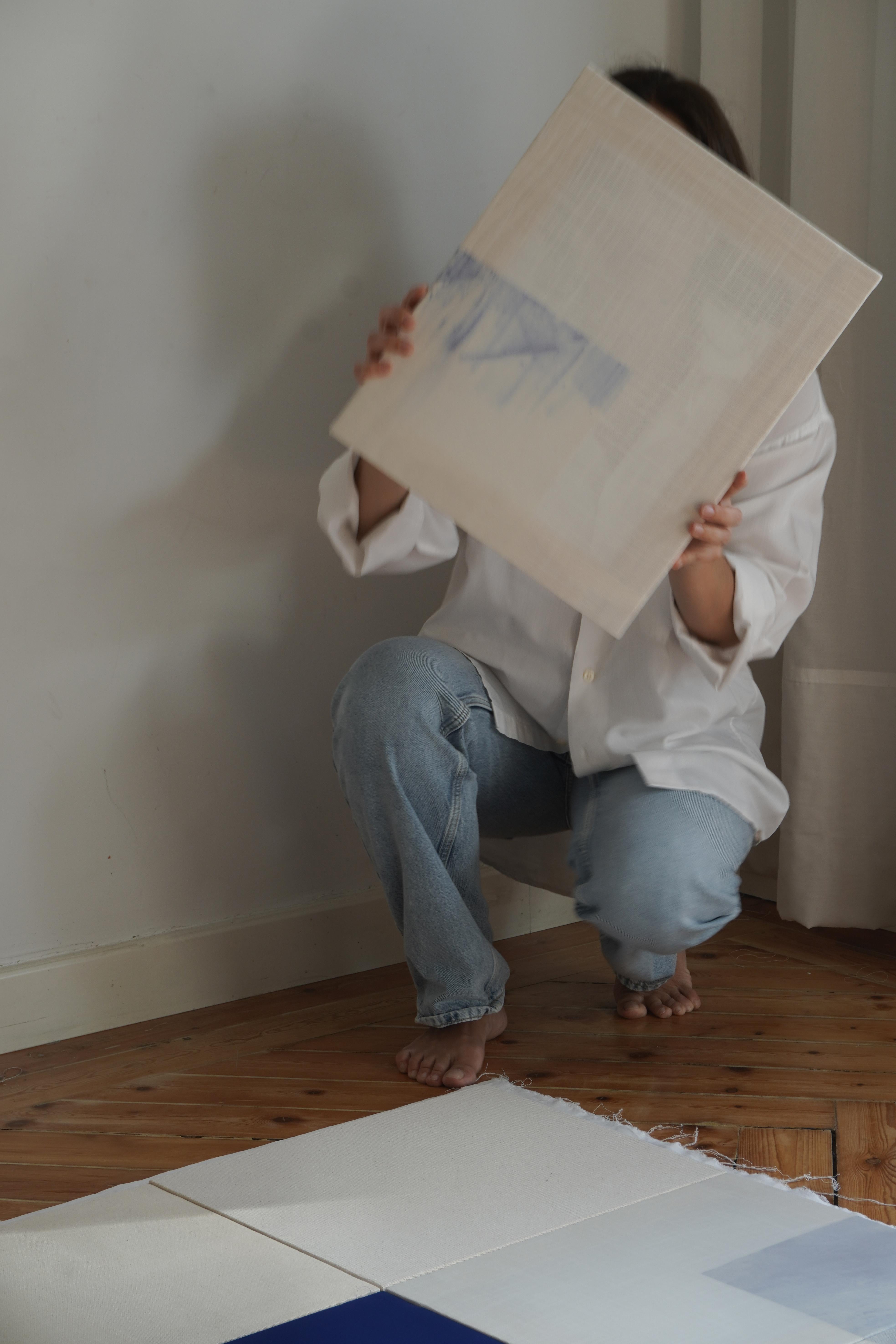 Minimal Geometric Abstract Composition in Blue and Neutrals by Blanca Nieto For Sale 6