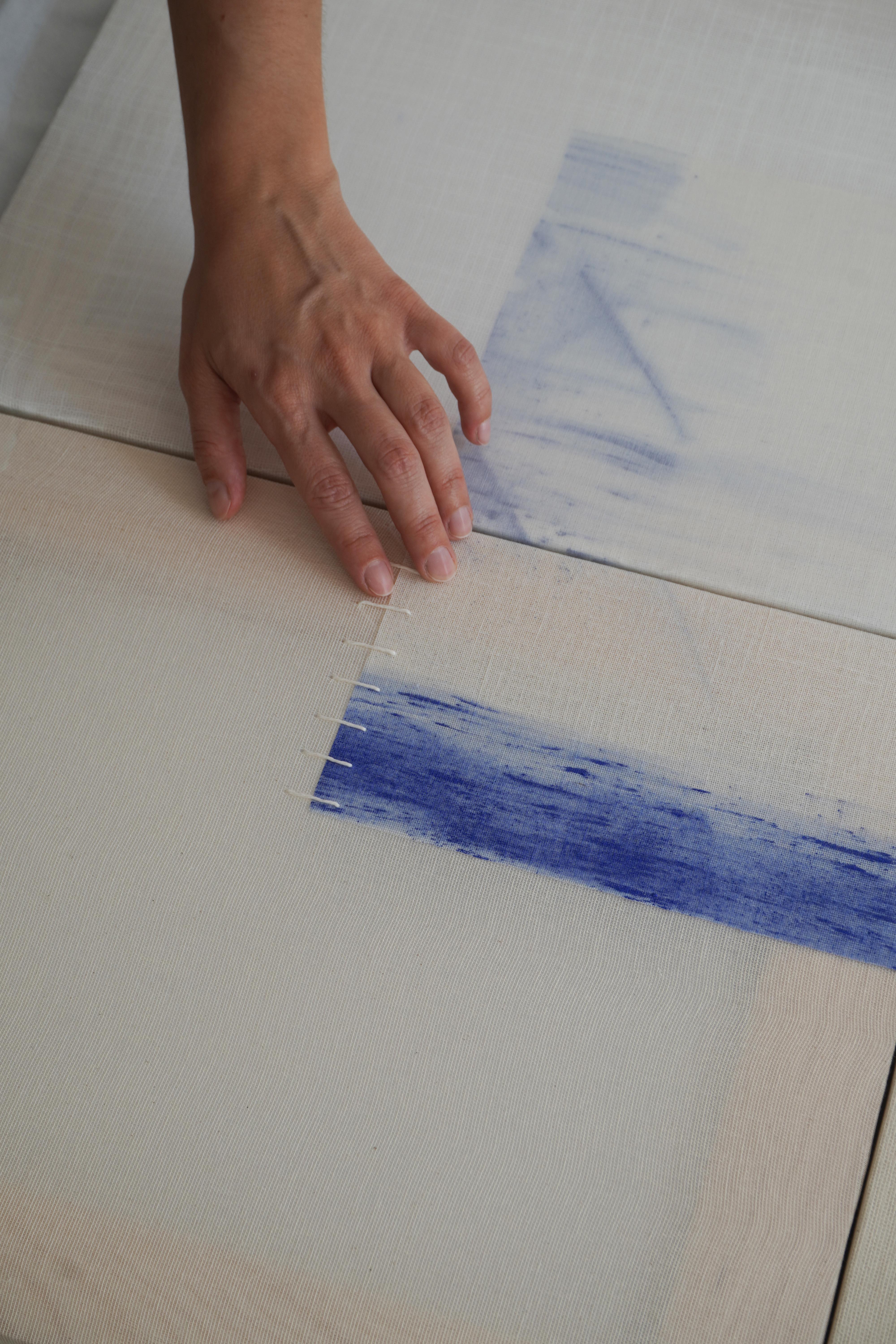 Minimal Geometric Abstract Composition in Blue and Neutrals by Blanca Nieto For Sale 7