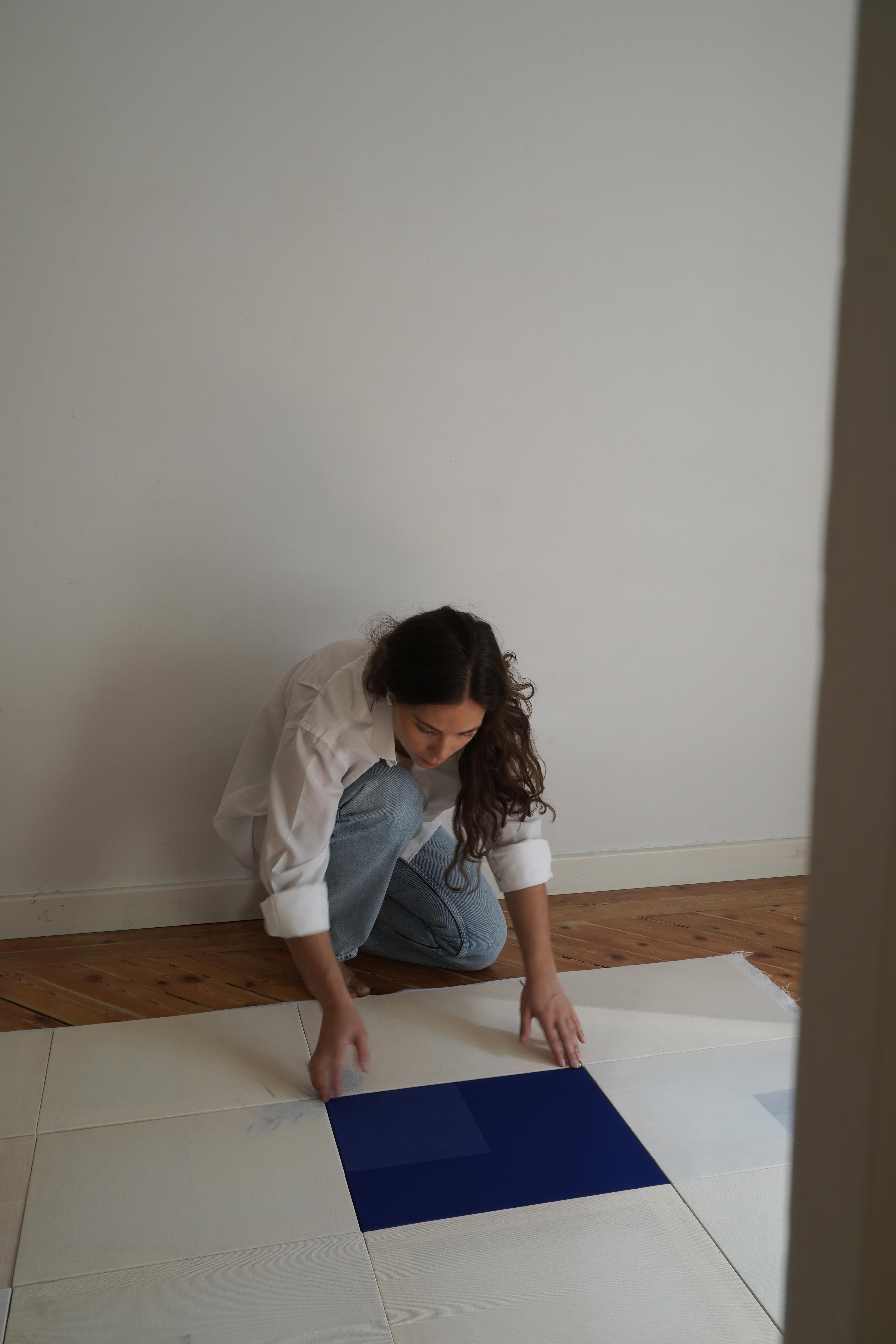 Minimal Geometric Abstract Composition in Blue and Neutrals by Blanca Nieto For Sale 8