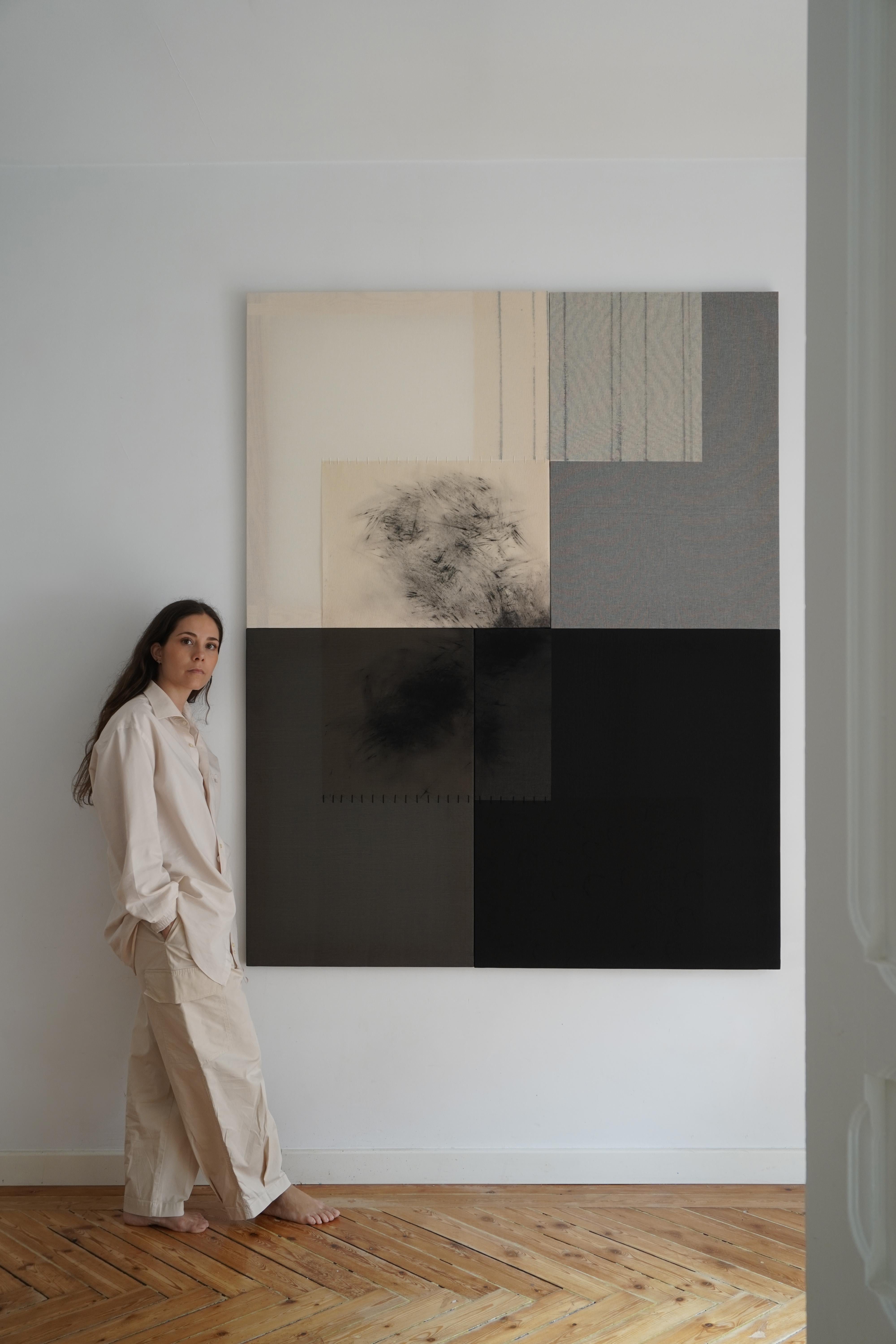 Minimal Geometric Abstract Mixed-Media Composition in Neutrals by Blanca Nieto For Sale 8